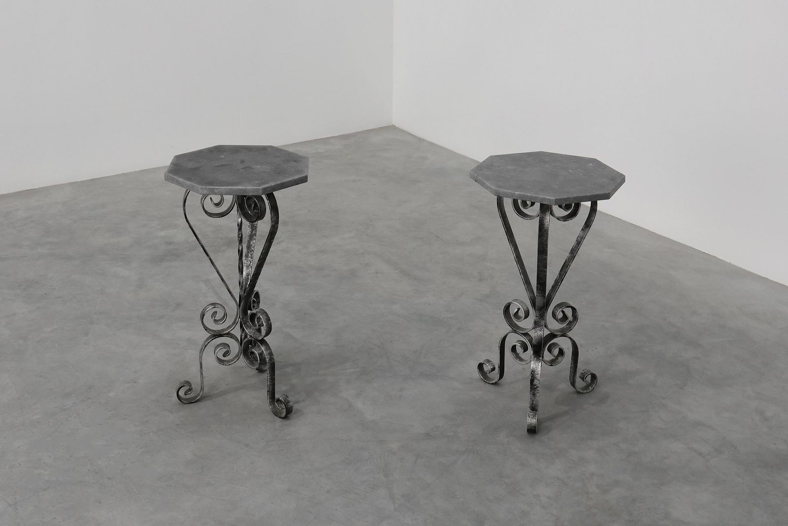 photo furniture French Wrought Iron Consoles With Belgian Blue Stone Tops, 1950s, Set Of 2