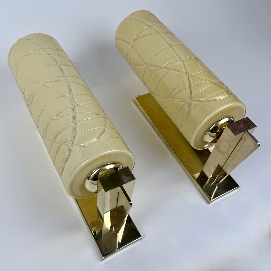 Late 20th Century Pair Of Brass And Yellow Murano Glass Sconces By Vistosi photo buy