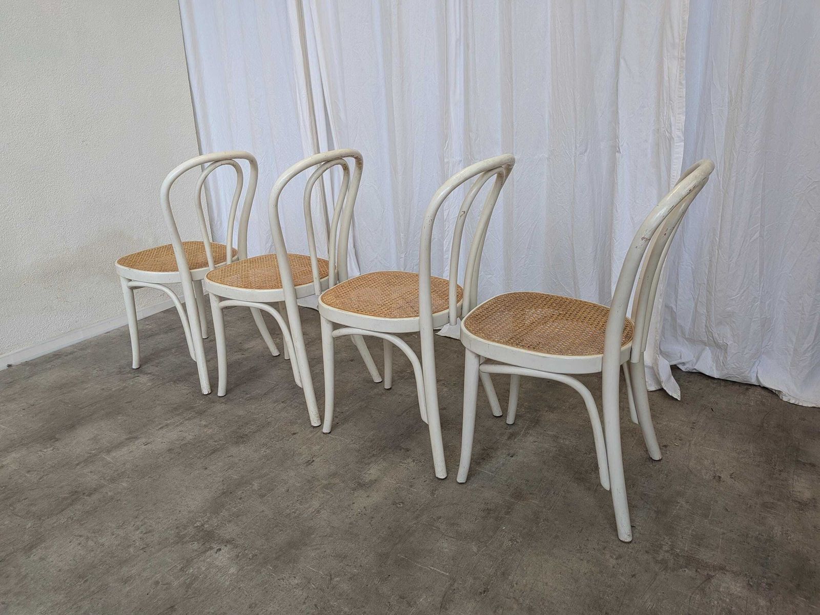Set Of 4 Vintage Thonet Style Dining Chairs: White Wood & Cane Seat photo Furniture