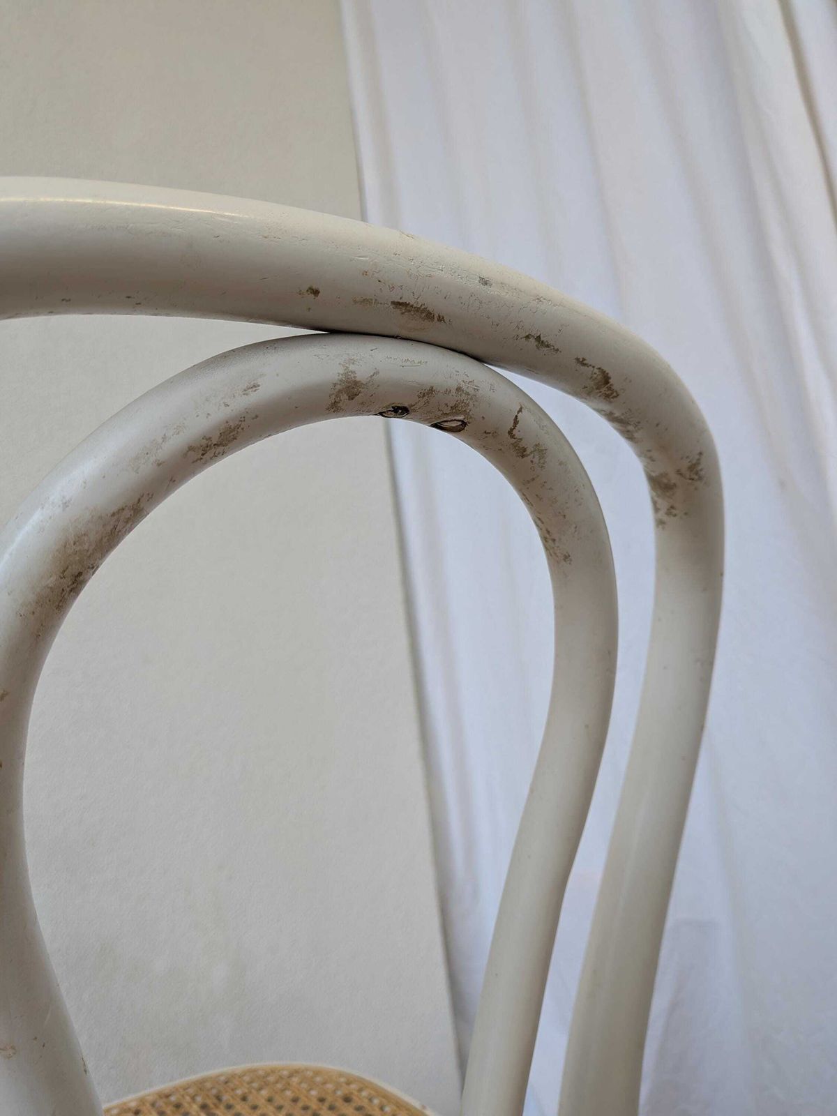 Furniture Set Of 4 Vintage Thonet Style Dining Chairs: White Wood & Cane Seat photo