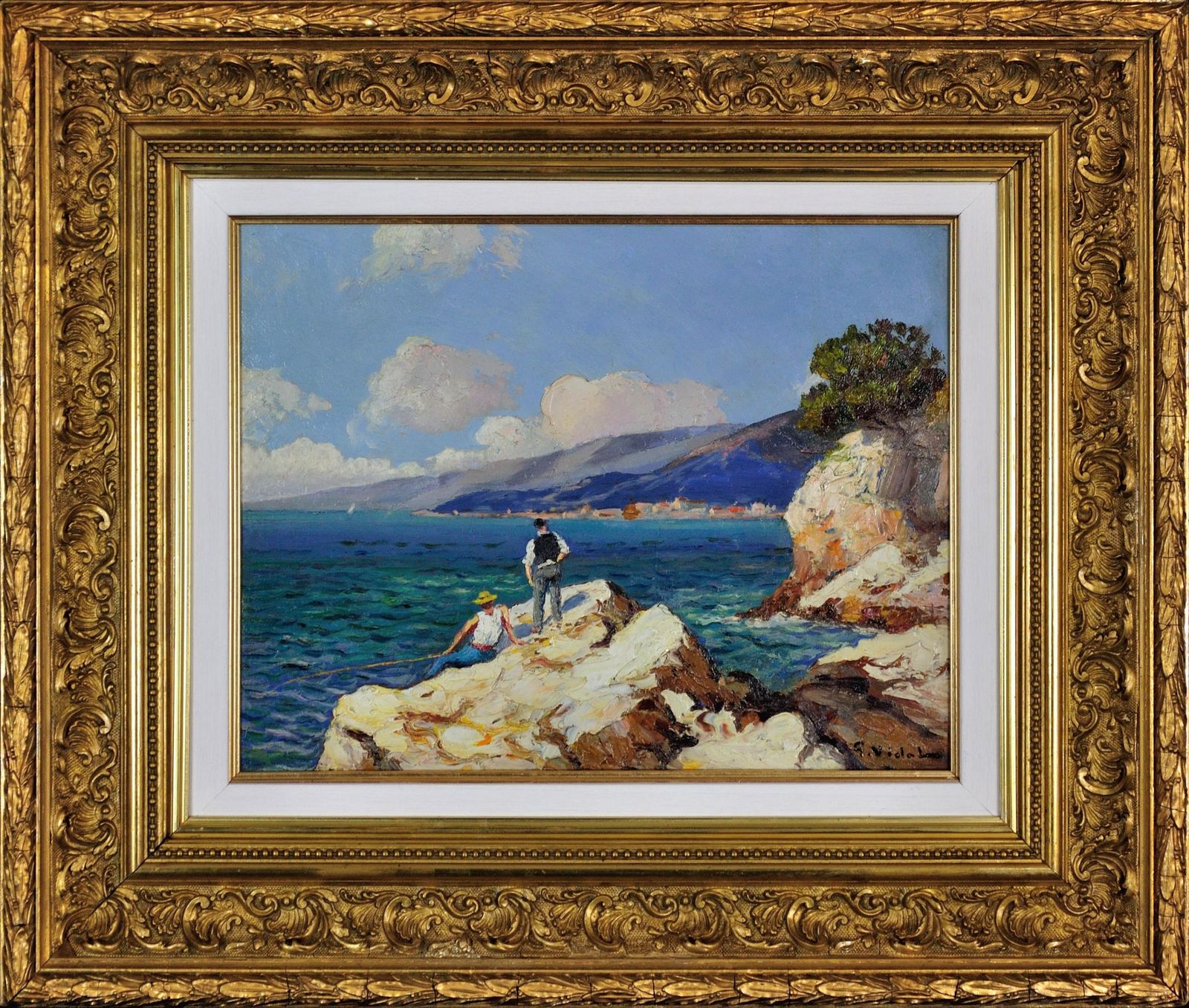 Gustave Vidal 1895 To 1966. French. Pêcheurs Sur Les Rochers. 1930s Framed Original Côte D'azur Oil Painting.