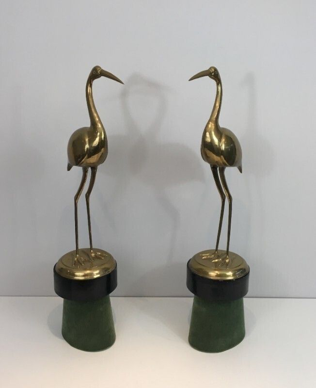 Pair Of Important And Decorative Brass Ibis On Wooden Stands photo for sale