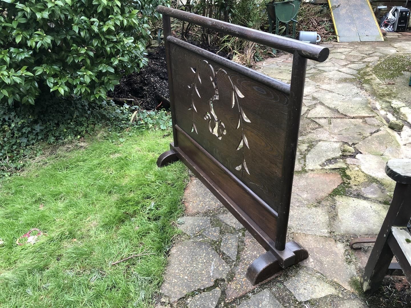 195.0 Vintage Japanese Dark Wood Room Divider Screen With Pierced Design photo
