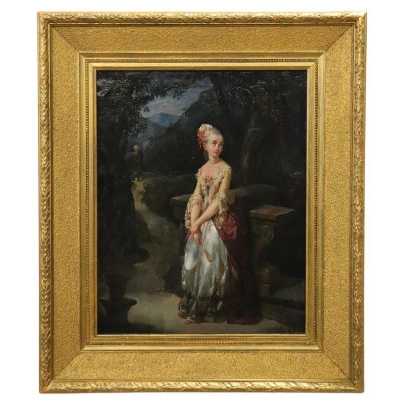 Romantic Scene, 1800s, Oil On Paper Mounted On Canvas, Framed