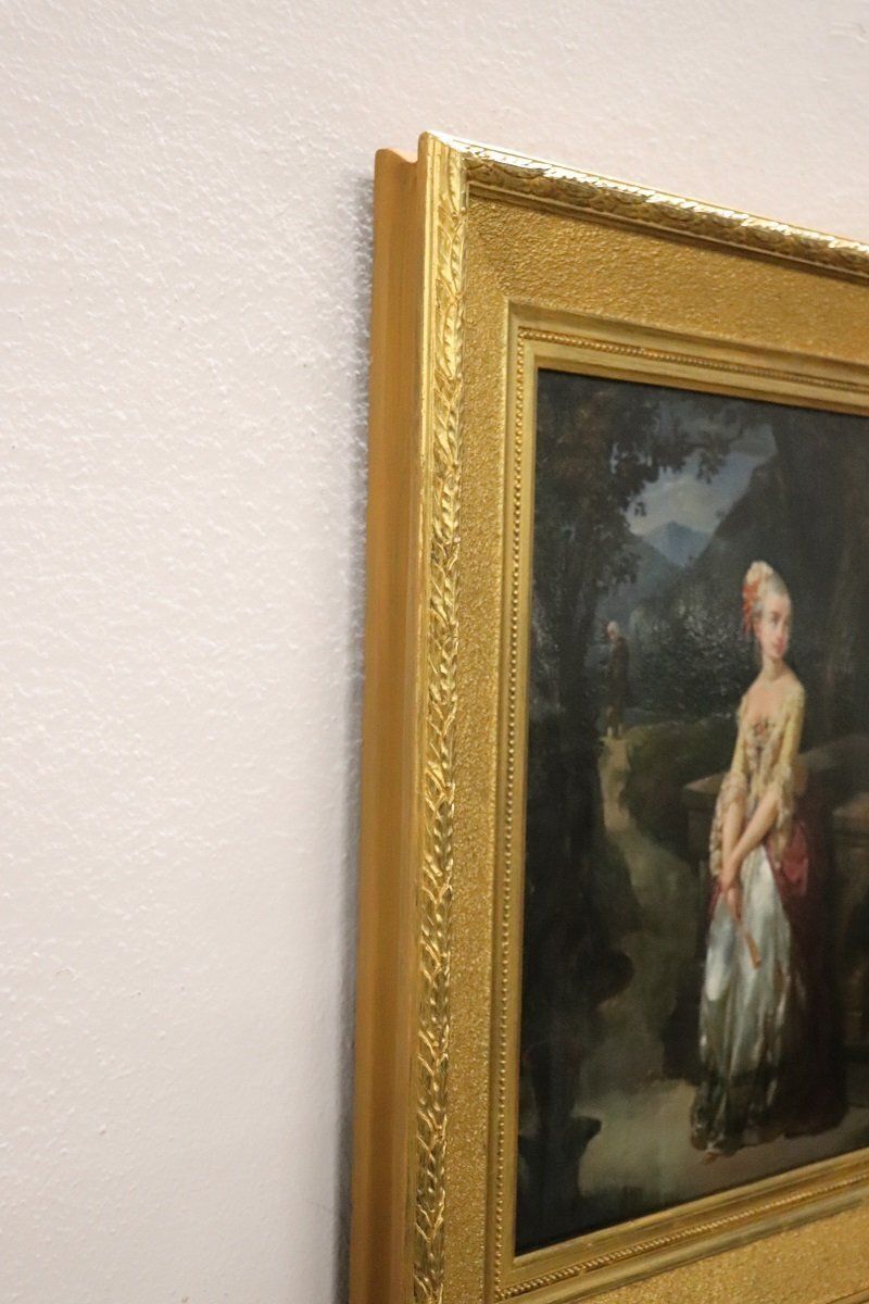 photo vinterior Romantic Scene, 1800s, Oil On Paper Mounted On Canvas, Framed