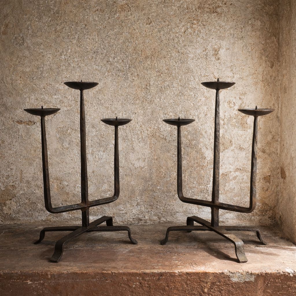 Pair Of Brutalist Wrought Iron Chandeliers, France, Three Lights, Signed, 1972 photo for sale