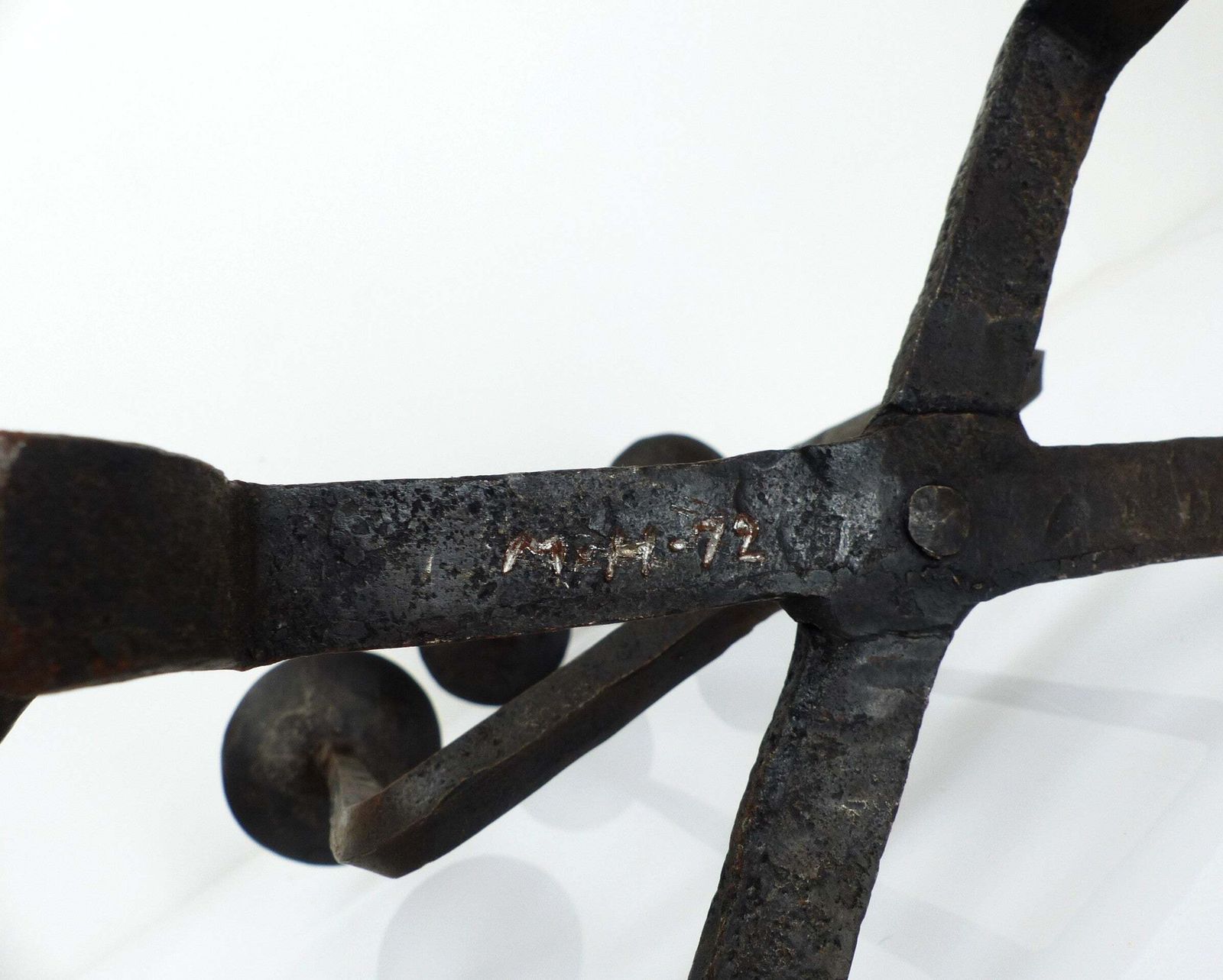 photo for sale Pair Of Brutalist Wrought Iron Chandeliers, France, Three Lights, Signed, 1972