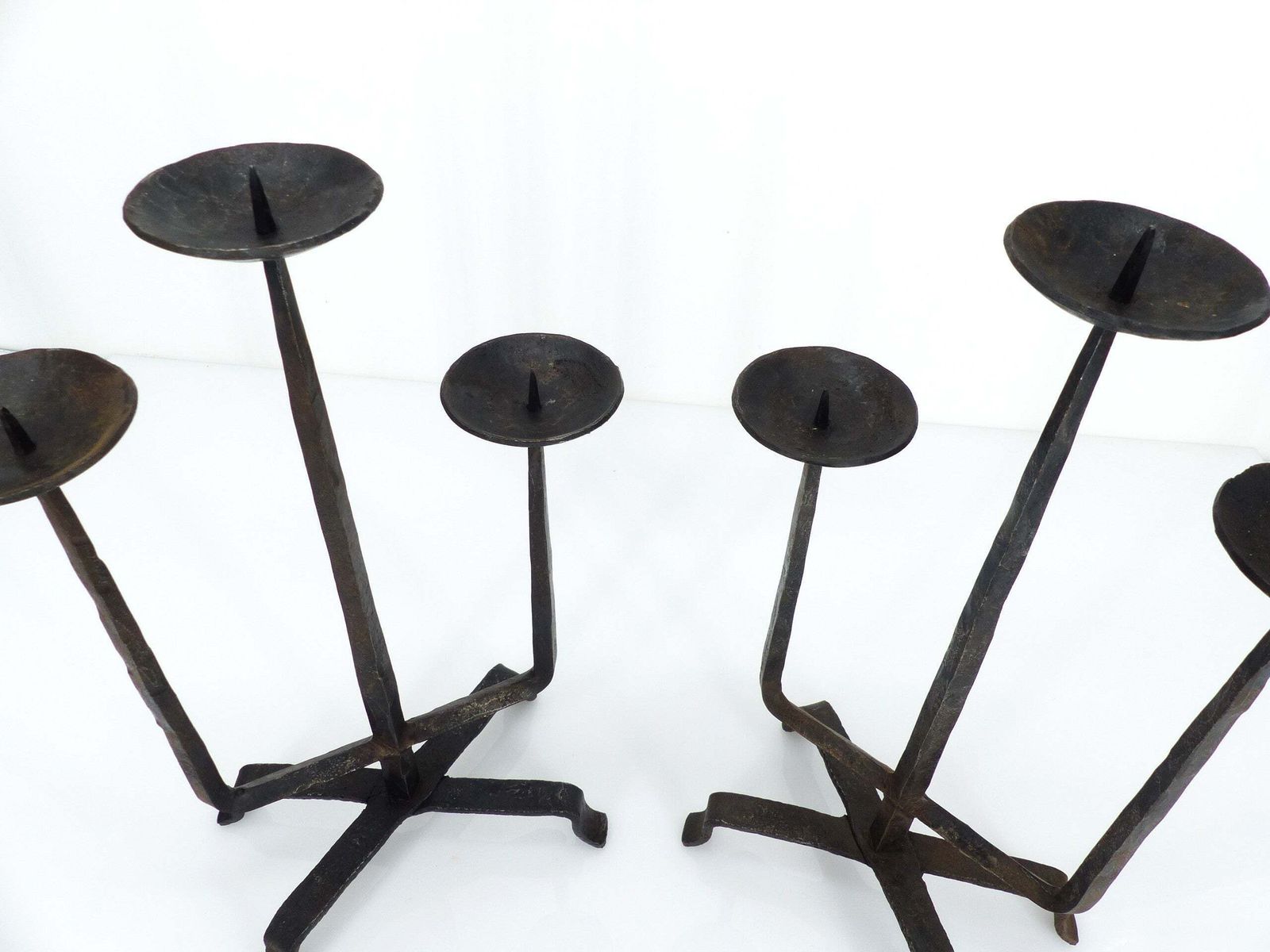 Home Decor Pair Of Brutalist Wrought Iron Chandeliers, France, Three Lights, Signed, 1972 photo