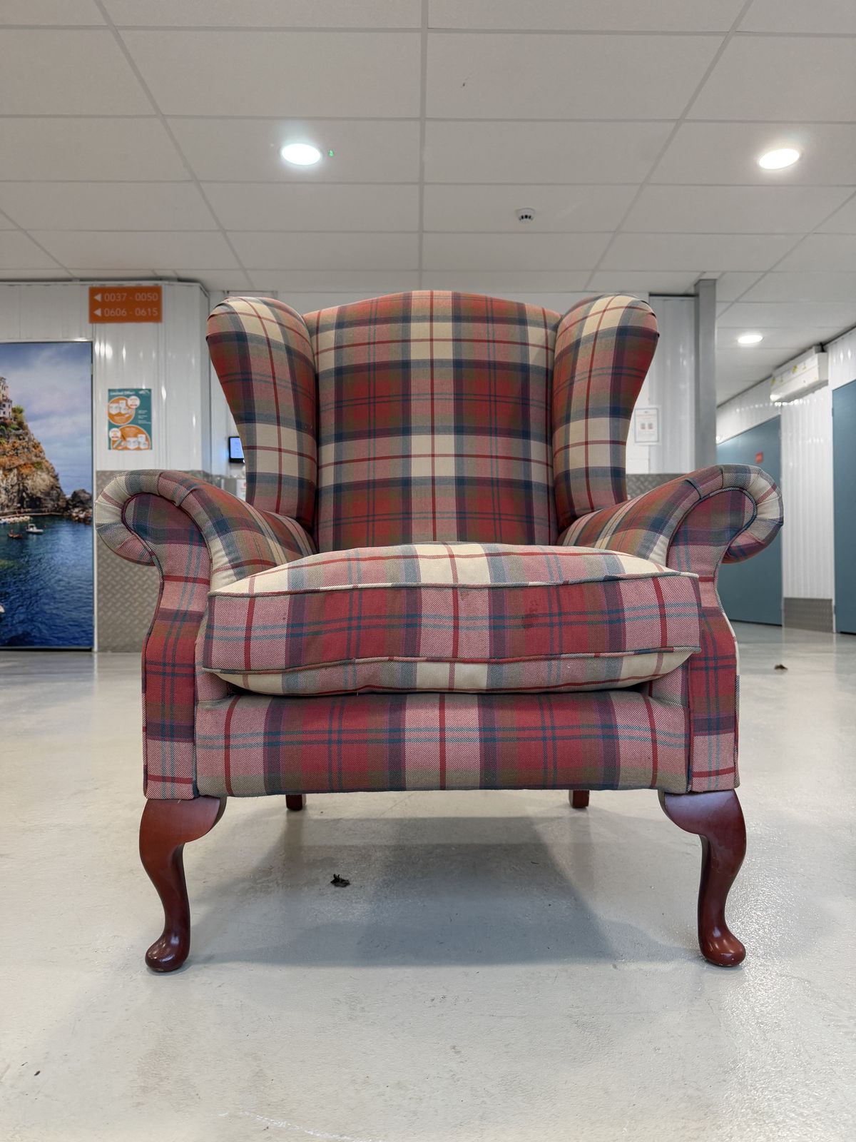 Lovely Queen Anne Style High Wingback Armchair In Red Check Fabric – Great Condition photo furniture