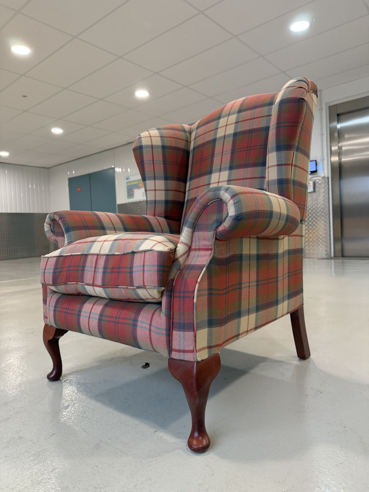 photo for sale Lovely Queen Anne Style High Wingback Armchair In Red Check Fabric – Great Condition