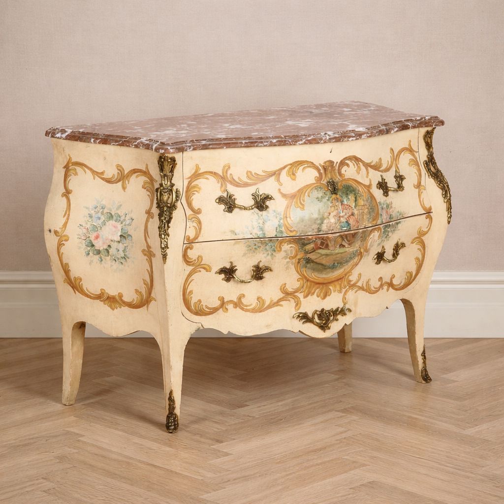 Early 20th Century Hand Painted Louis XV Style Bombe Commode