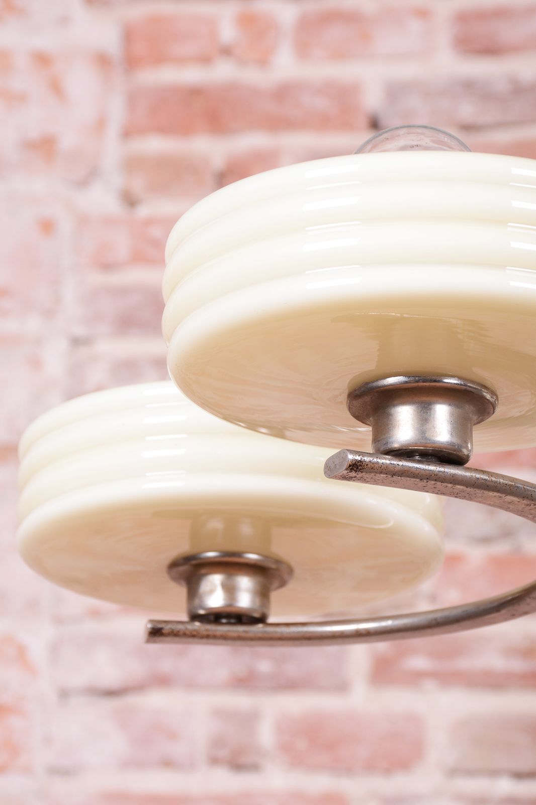 Restored Bauhaus Chandelier, Nickel Plated Steel, Opaline Glass, Czech, 1920s photo vinterior