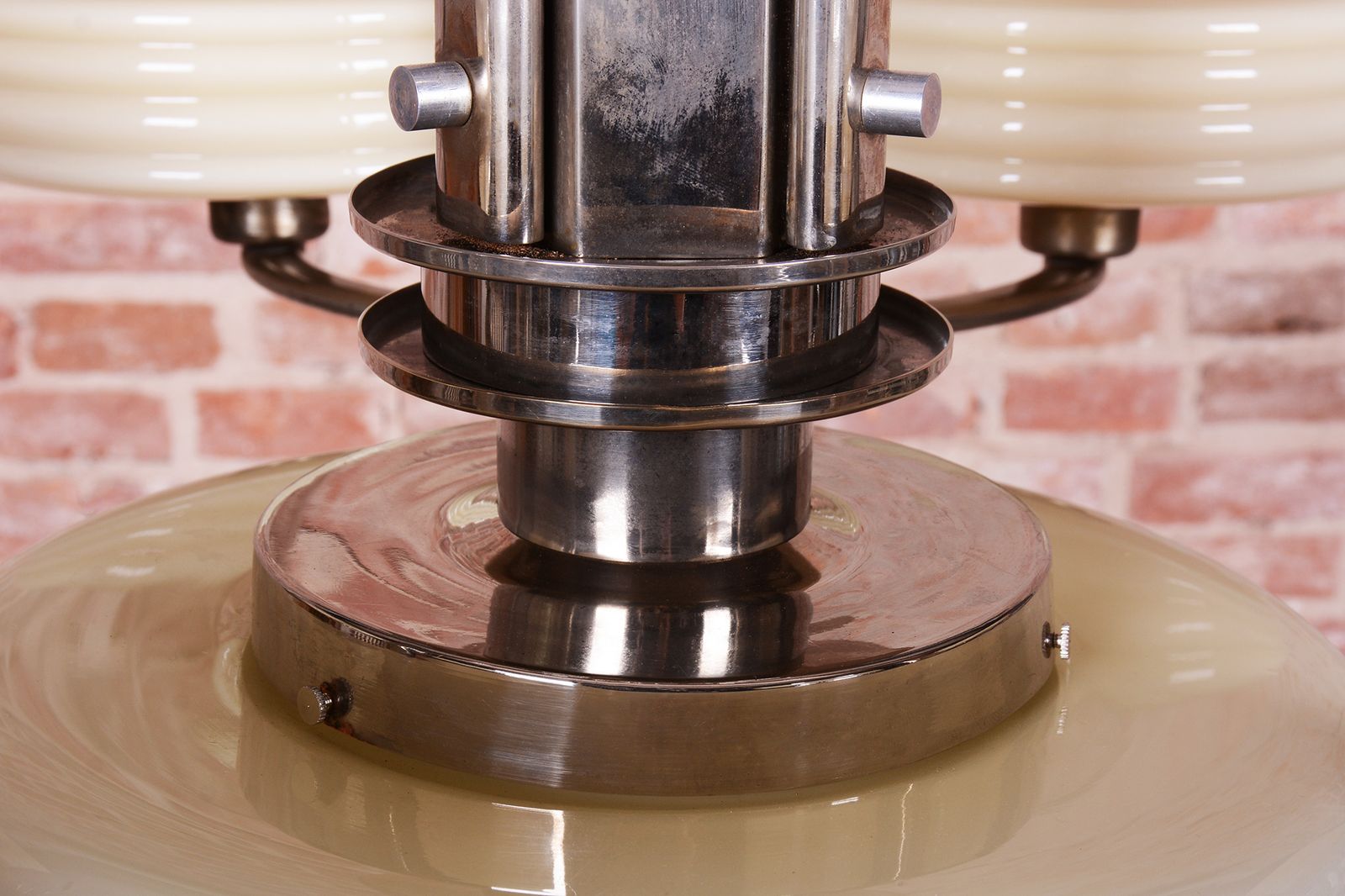 photo furniture Restored Bauhaus Chandelier, Nickel Plated Steel, Opaline Glass, Czech, 1920s
