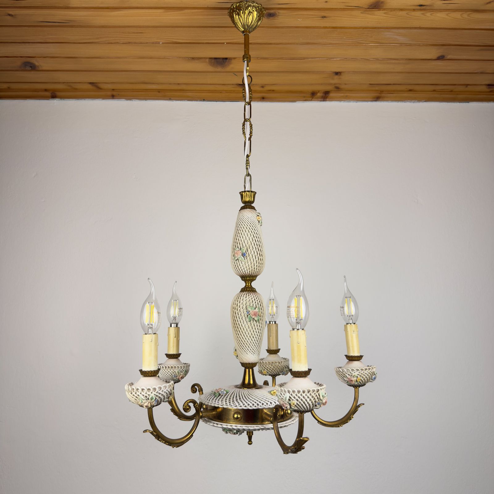 photo vintage Art Nouveau Capodimonte Chandelier, Italy 1930s