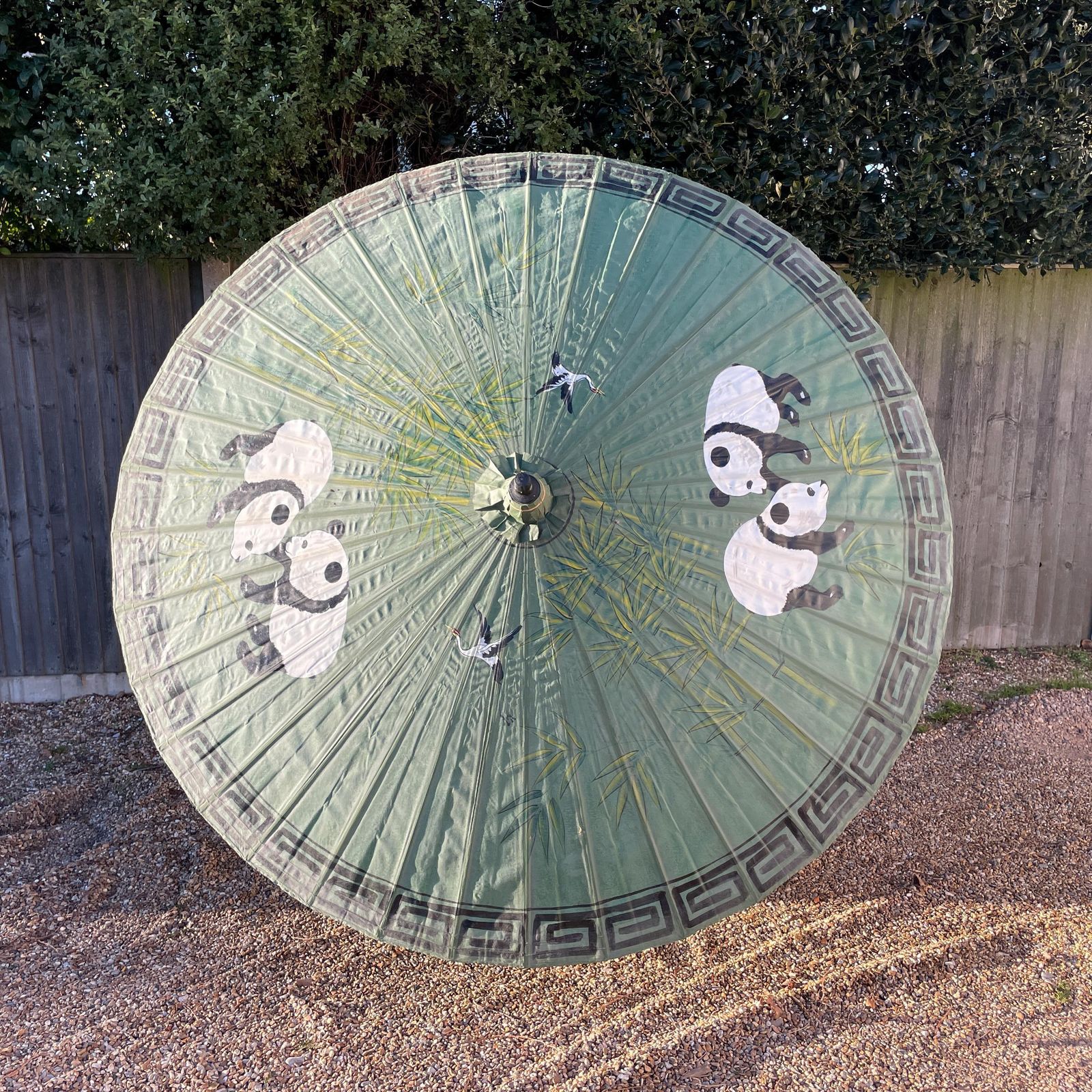 Japanese Hand Painted Parasol Large Garden Bamboo Umbrella Vintage Oriental Decor Asian Folk Art Display Pandas Green Display photo buy