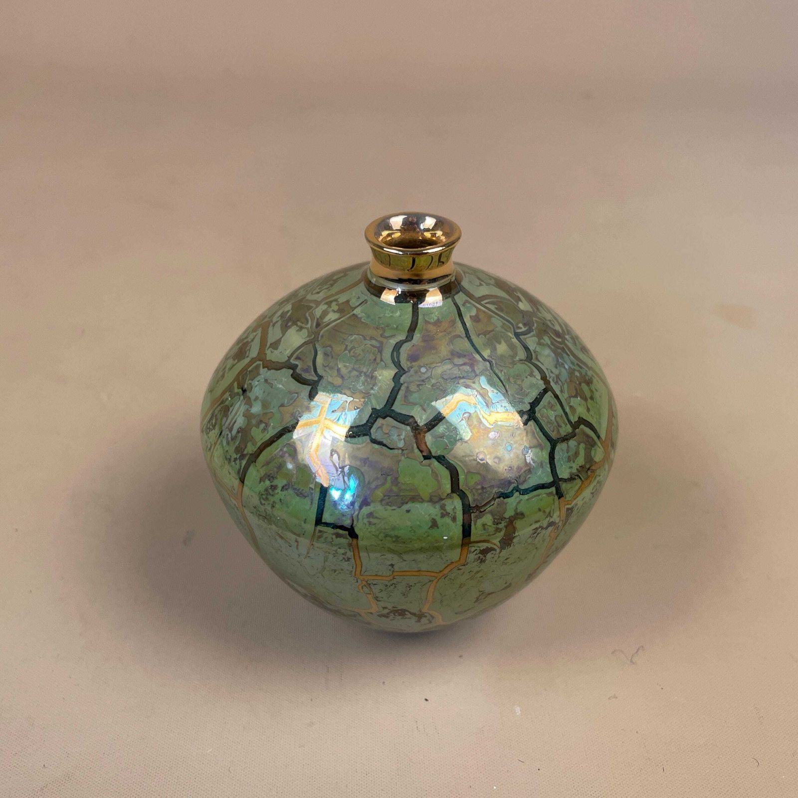 Green Lusterware Vase Iridescent Crackle Studio Pottery Mid Century Asian Pot Vintage Decorative Tabletop Oriental Collectible