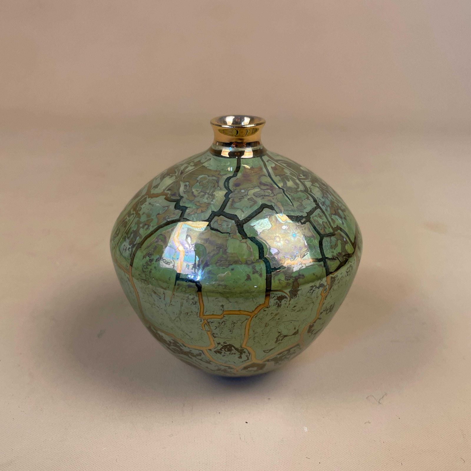 Green Lusterware Vase Iridescent Crackle Studio Pottery Mid Century Asian Pot Vintage Decorative Tabletop Oriental Collectible photo furniture