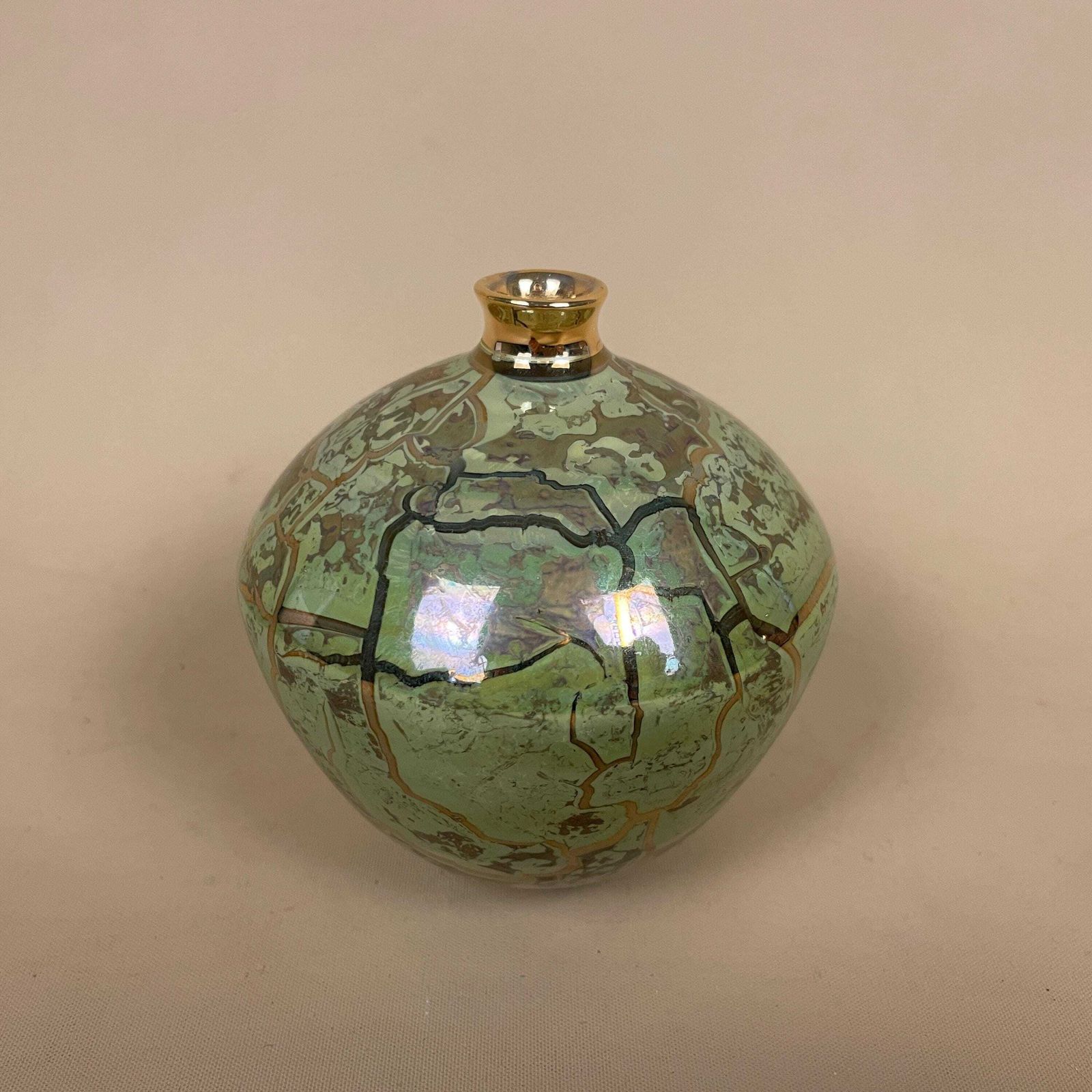 Green Lusterware Vase Iridescent Crackle Studio Pottery Mid Century Asian Pot Vintage Decorative Tabletop Oriental Collectible photo buy