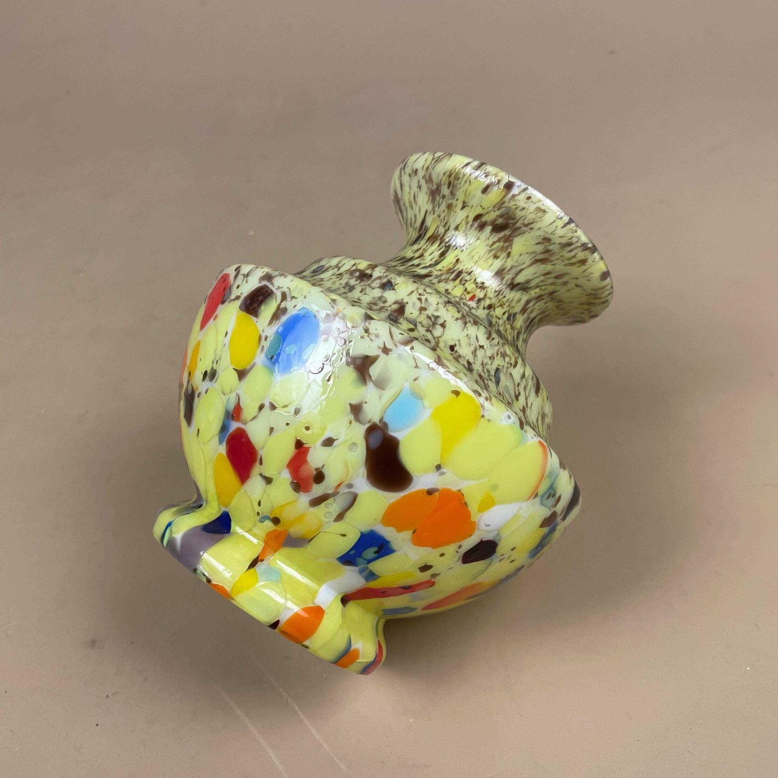Art Glass Vase Hand Blown Confetti Spatter Mid Century Decorative Vase Czech Bohemian Yellow Round Display Ornament photo vintage