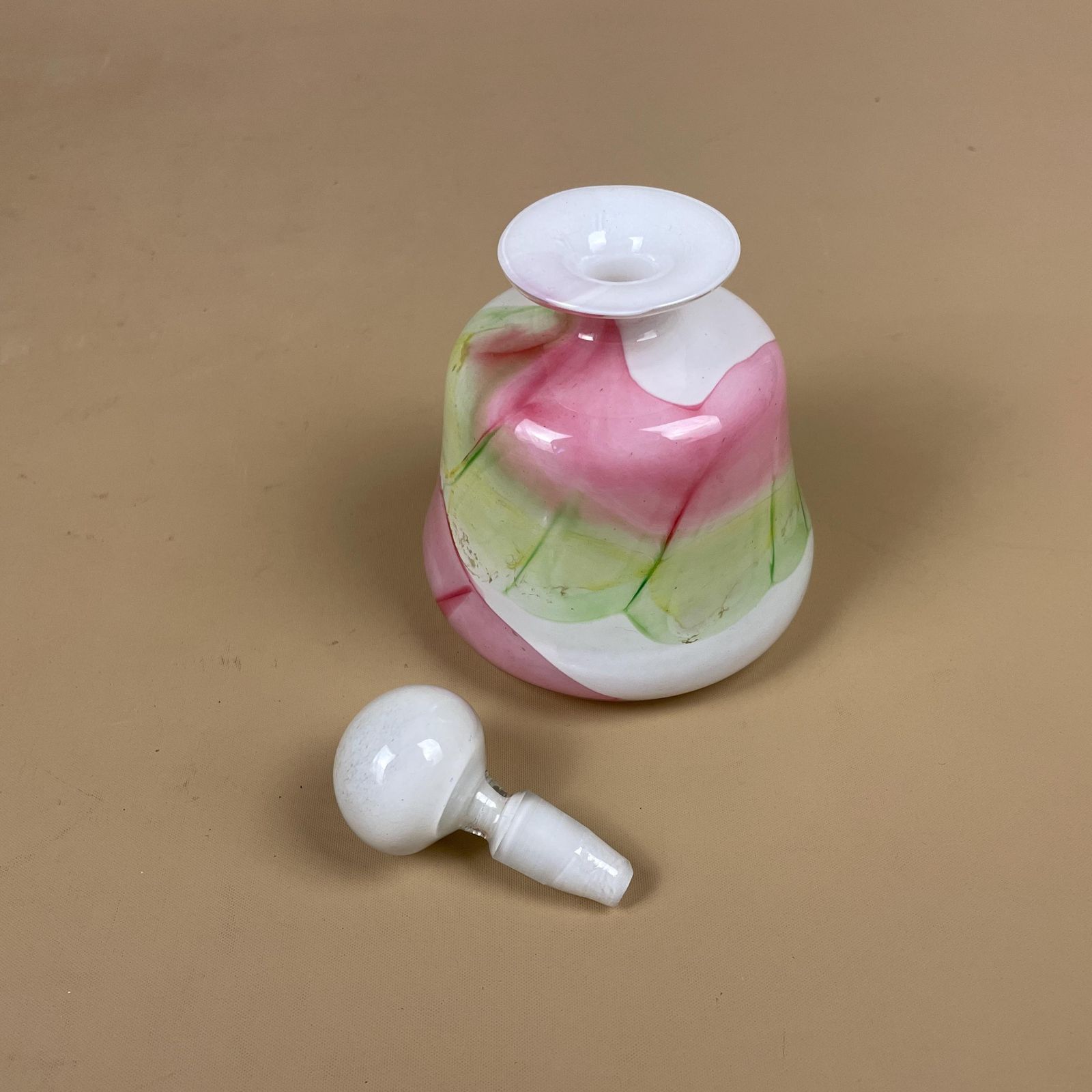 Vintage Perfume Bottle Snuff Scent C.1970's Hand Blown With Lid Pink Green White Decorative Small Dressing Table Decor Ornament photo vintage