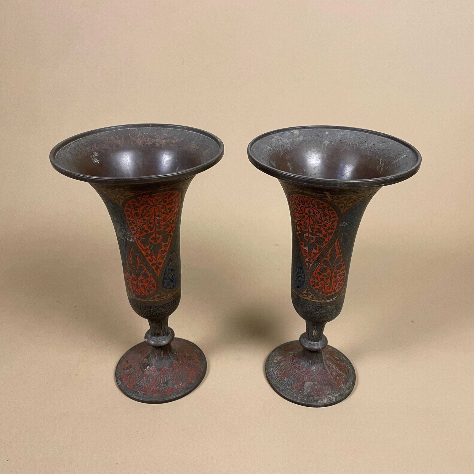 Pair Of Antique Metal Gold Indian Patterned Brass Vase Pot Flute Jardiniere Red Handmade Engraved Painted Intricate Vintage Decorative photo 79.0