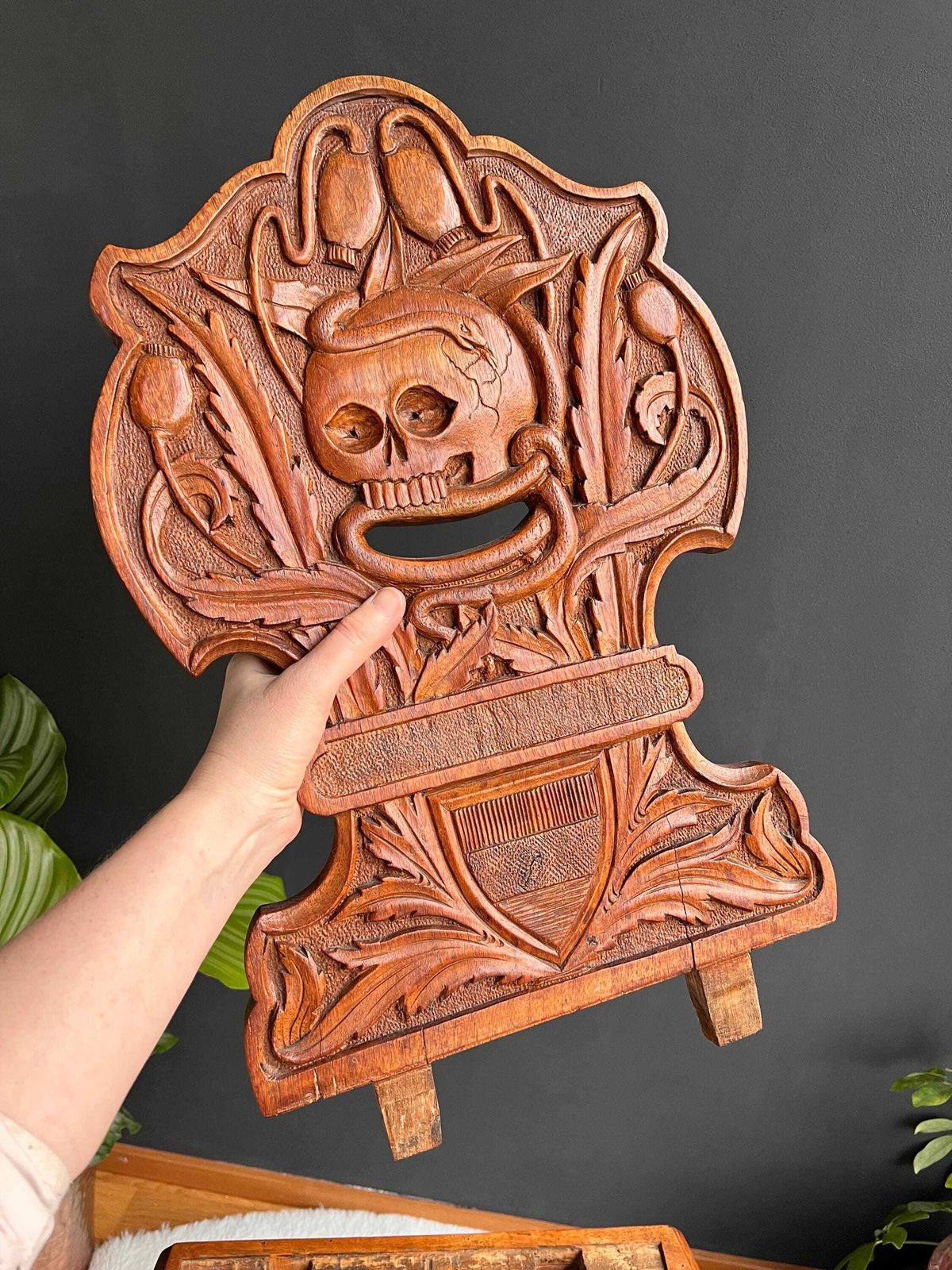 photo buy Antique Swiss Alpine Chair C. 1880   Rare Memento Mori Skull & Poppy Carving