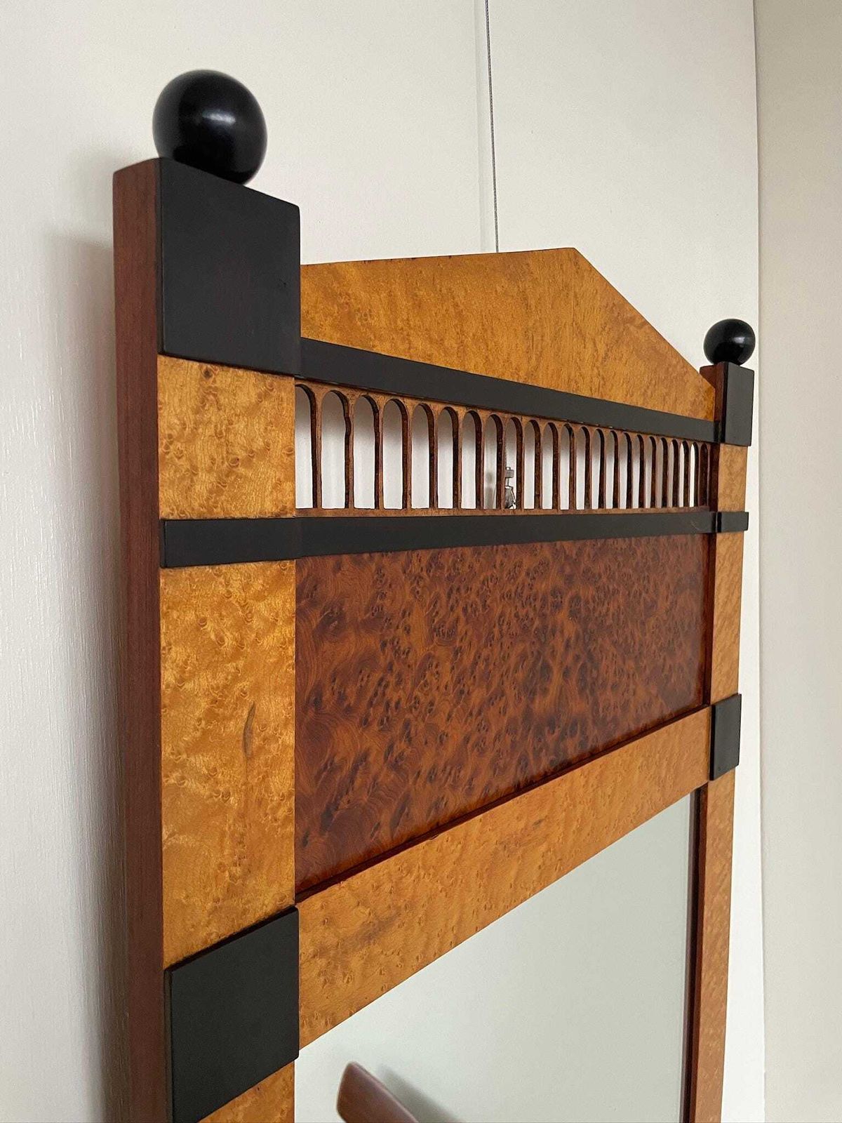 Large Art Deco Style Postmodern Burr Mirror With Black Panels And Finials photo for sale