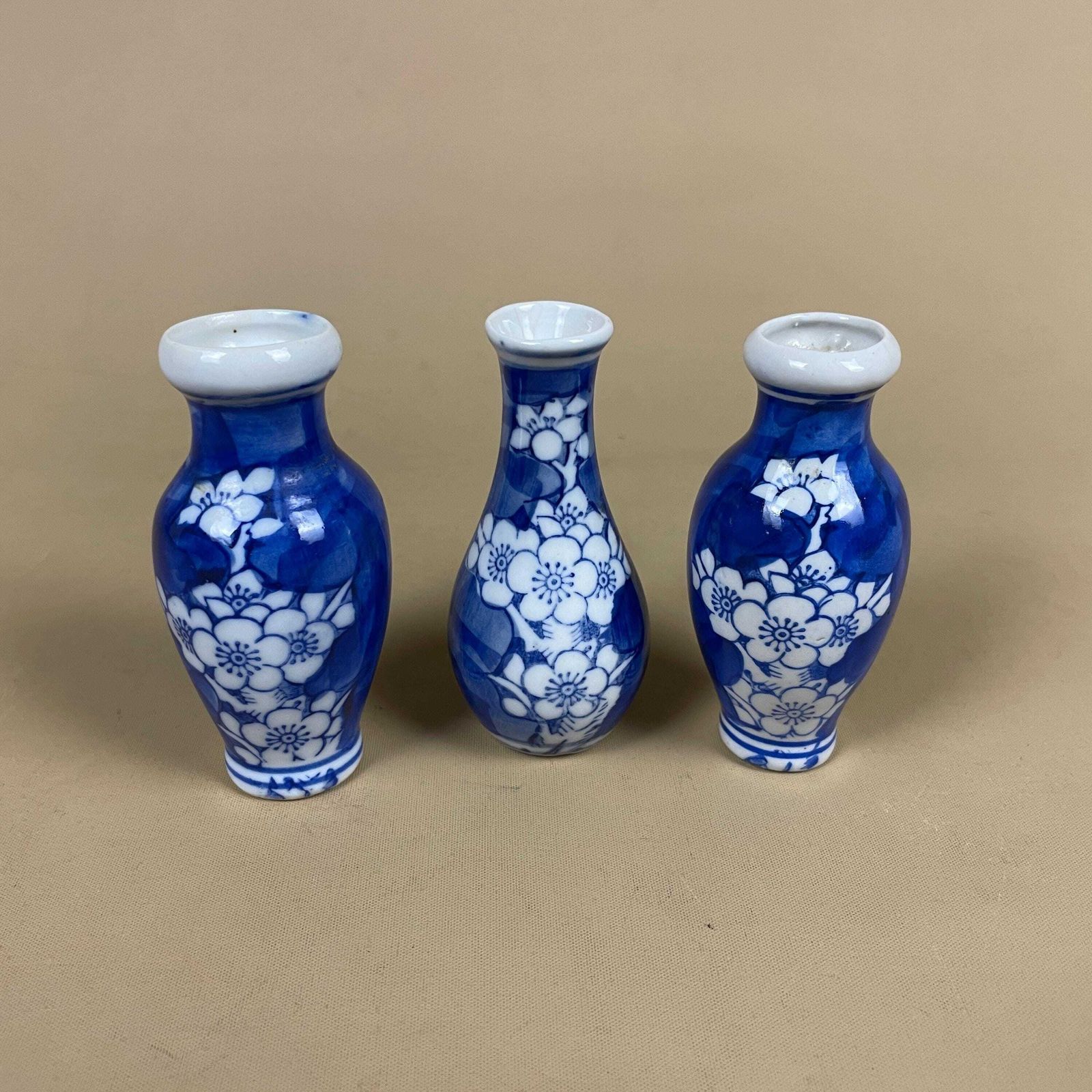 Set Of 3 Miniature Oriental Chinese Ceramic Porcelain Hand Painted Vase Small Floral Decorative Pot Antique Asian Flower Blue White Prunus