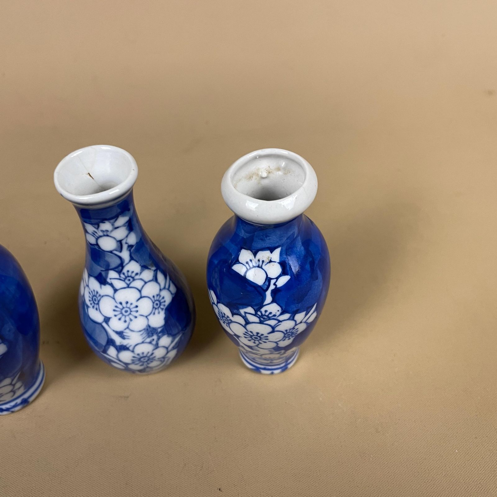 Set Of 3 Miniature Oriental Chinese Ceramic Porcelain Hand Painted Vase Small Floral Decorative Pot Antique Asian Flower Blue White Prunus photo buy