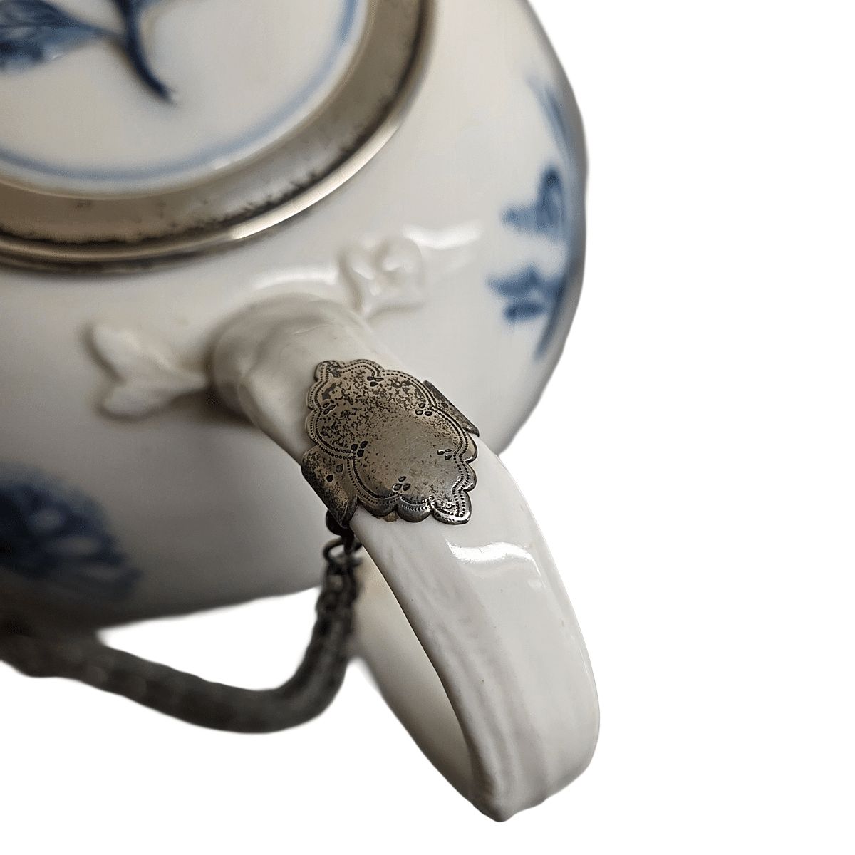 Antique German Porcelain Meissen Zwiebelmunster Teapot With Silver, Mid 1800s photo 245.0