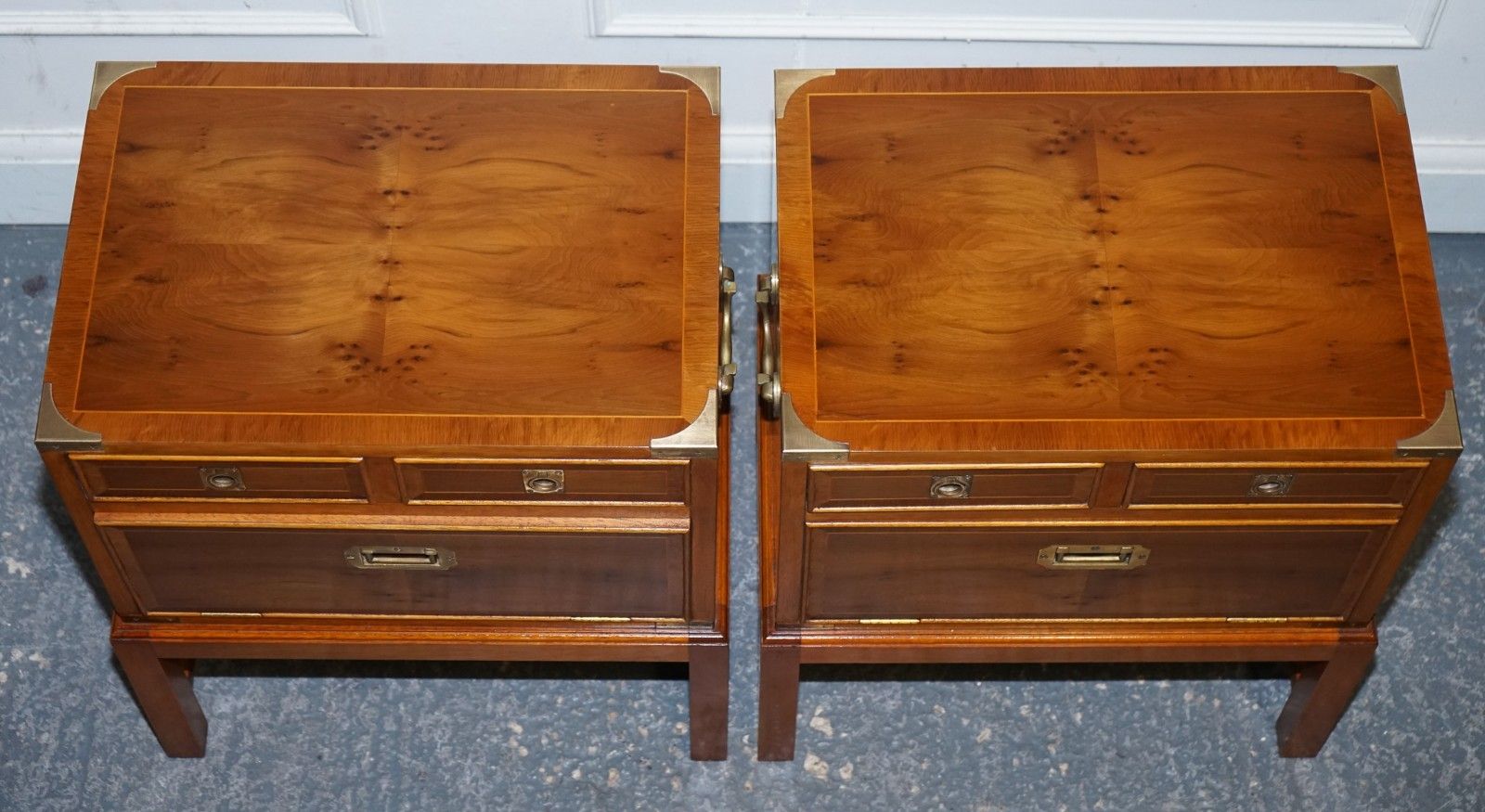 photo for sale A Pair Of Yew Wood & Brass English Military Campaign End Cabinets Nightstands