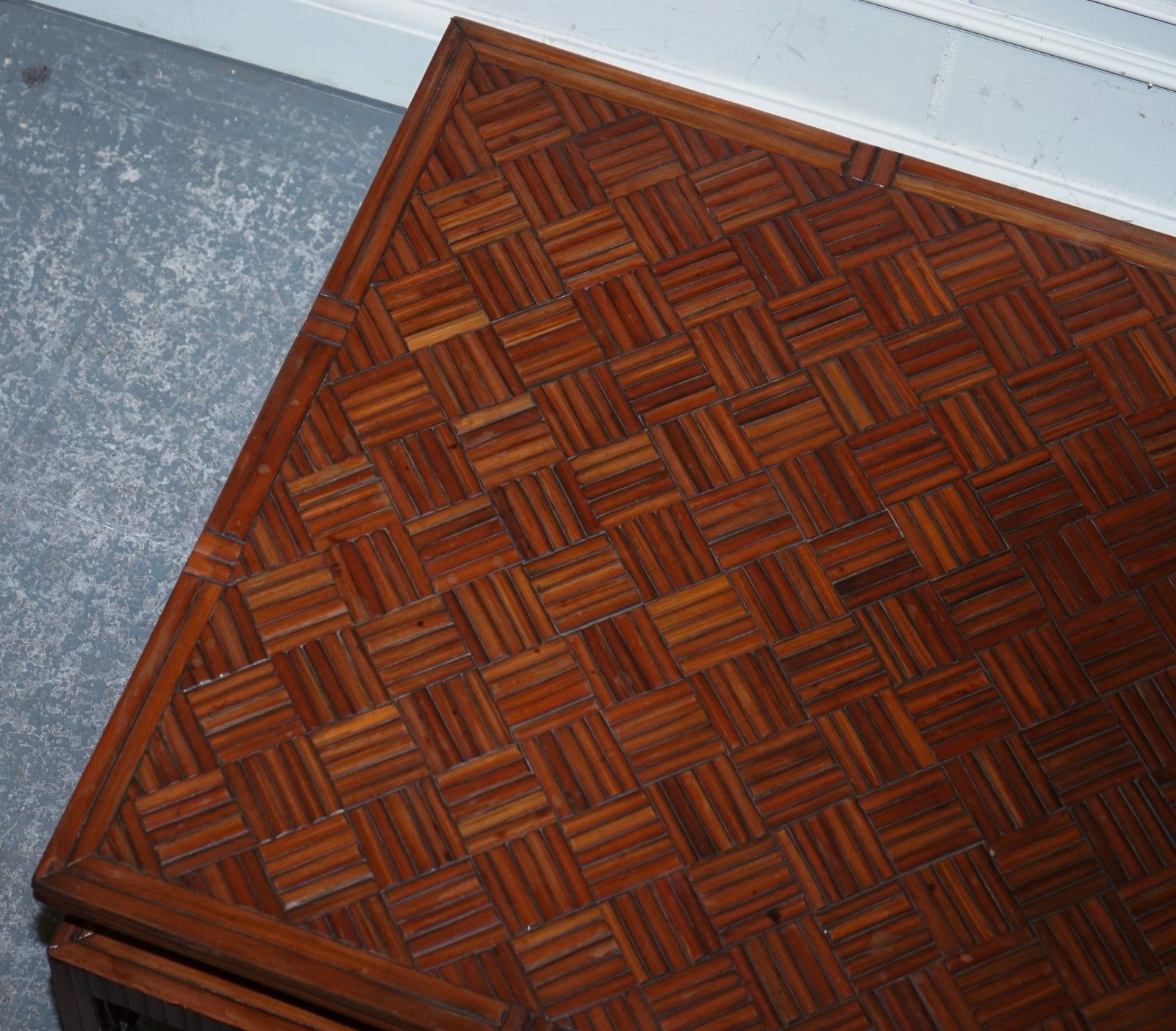 photo furniture Circa 1950's  Maitland & Clascoe Waven Faux Bamboo Pagoda Coffee Table Drawers
