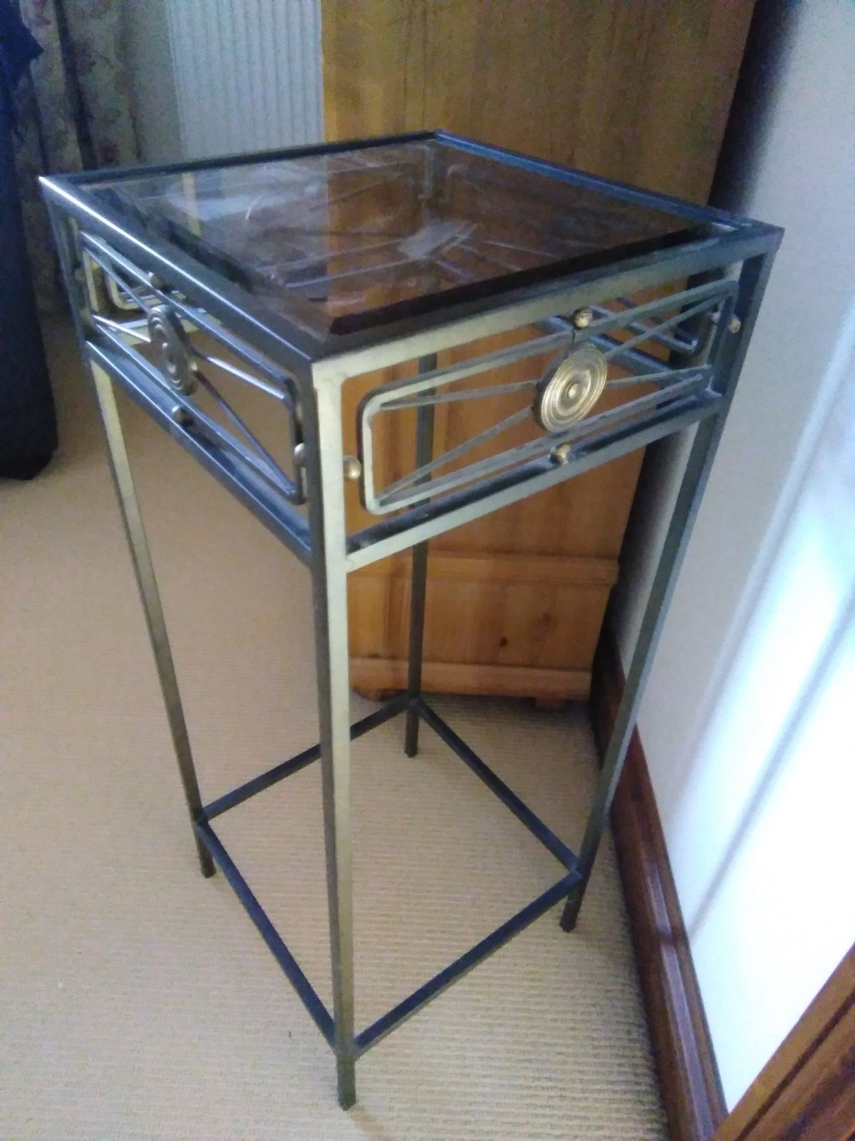 Metal & Smoked Grey Bevelled Glass Deco Square Tall Pedestal Stand