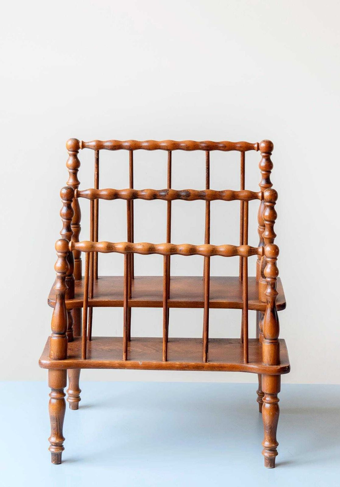 Carved Magazine Rack – Vintage Turned Wood Newspaper Stand   Cottage Style photo for sale