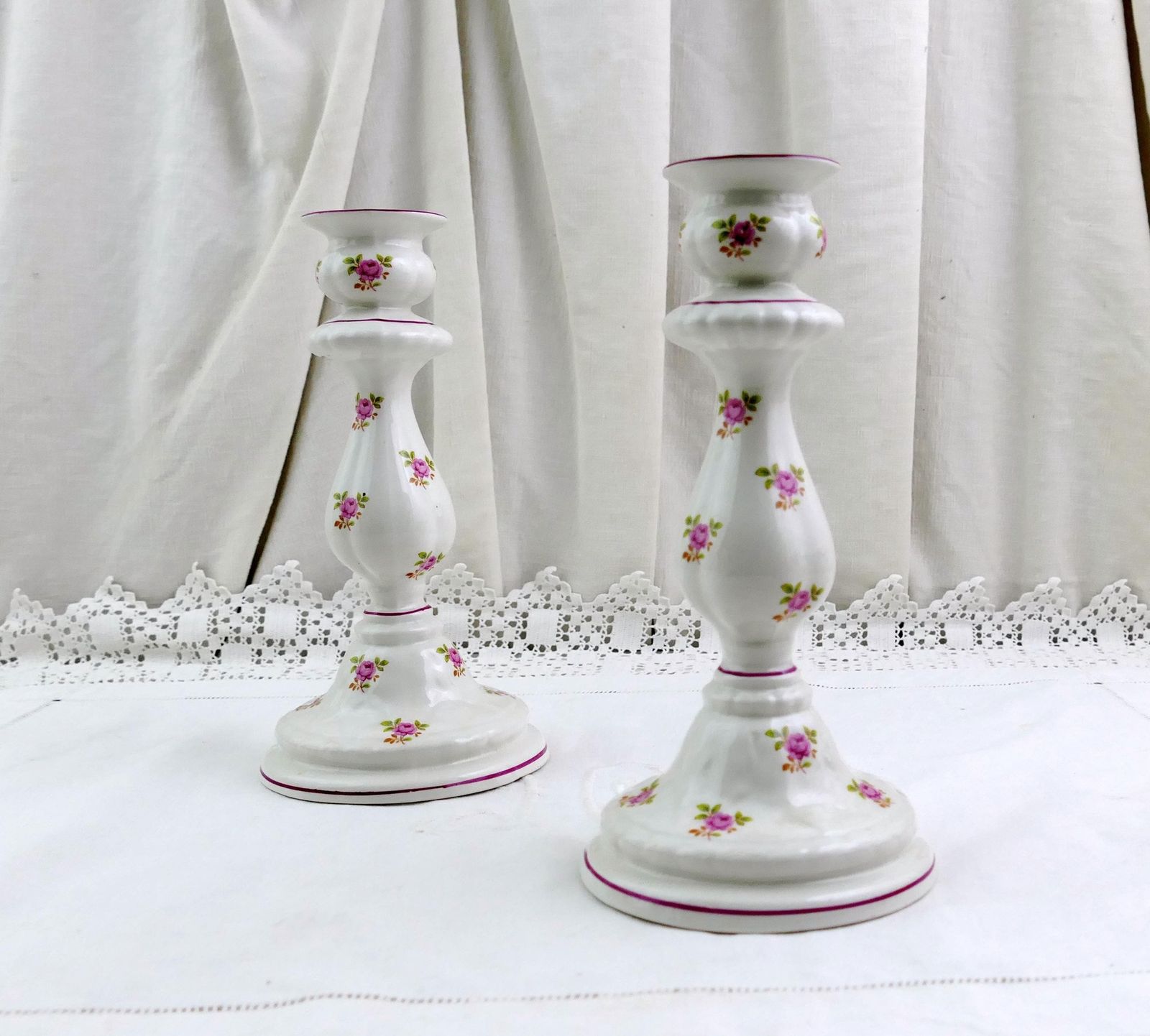 photo buy Pair Of Vintage English Staffordshire James Kent Old Foley Candle Stick Holders With Small Pink Rose Flower Pattern, Classic 1950s Pottery