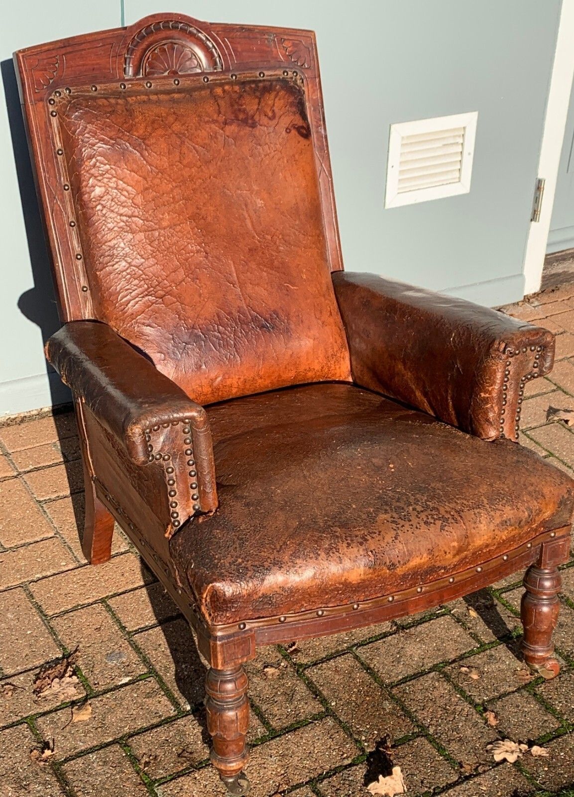 Antique Victorian Leather Library Chair On Castors C 1840's photo Furniture