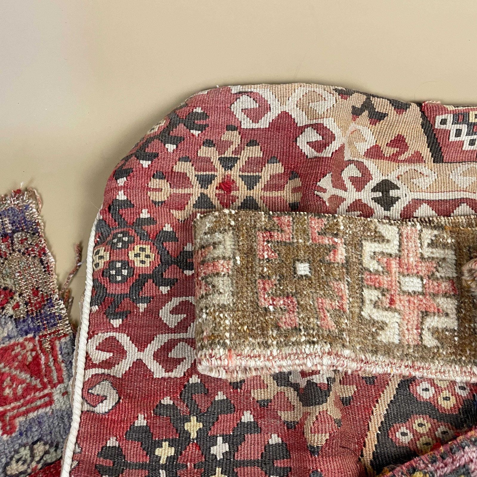 Pile Of Random Carpet Fabrics Upholstery Pattern Tapestry Craft Project Vintage Fabric Woven Patterned England Kilim Woven Wool photo vinterior