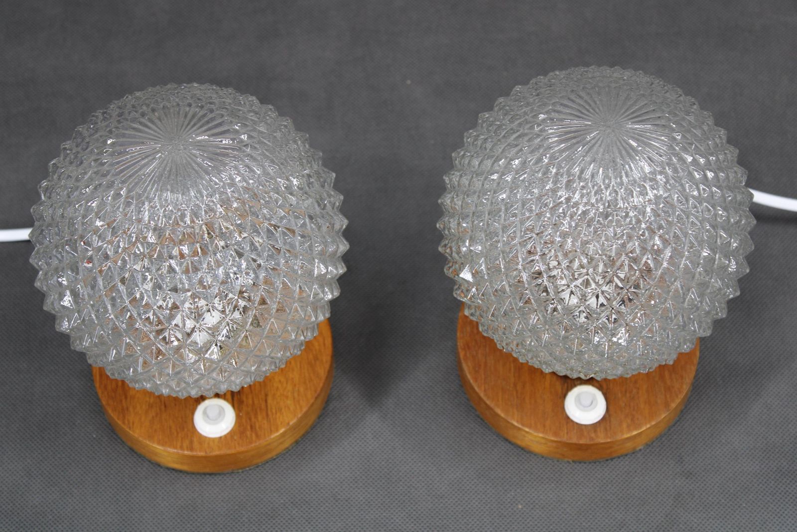Pair Of Mid Century Glass And Wood Table Lamps, Czechoslovakia, 1970s photo for sale