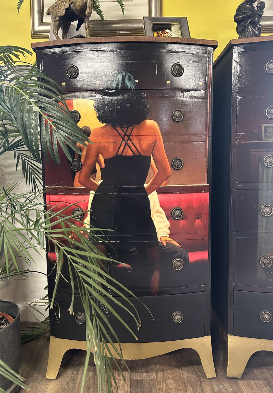 A Striking Pair Of Bow Fronted Chests Of Drawers Adorned With Jack Vettriano Art From His Erotic Collection Celebrating The Power Of The Woman photo furniture