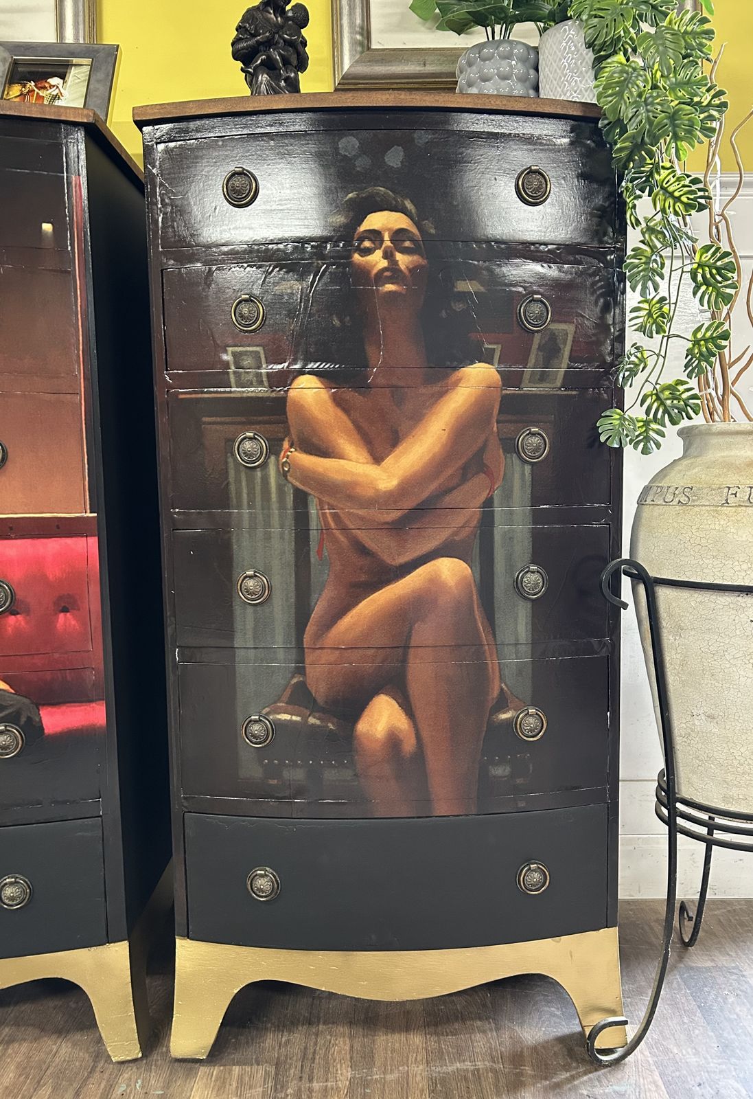 A Striking Pair Of Bow Fronted Chests Of Drawers Adorned With Jack Vettriano Art From His Erotic Collection Celebrating The Power Of The Woman photo Furniture