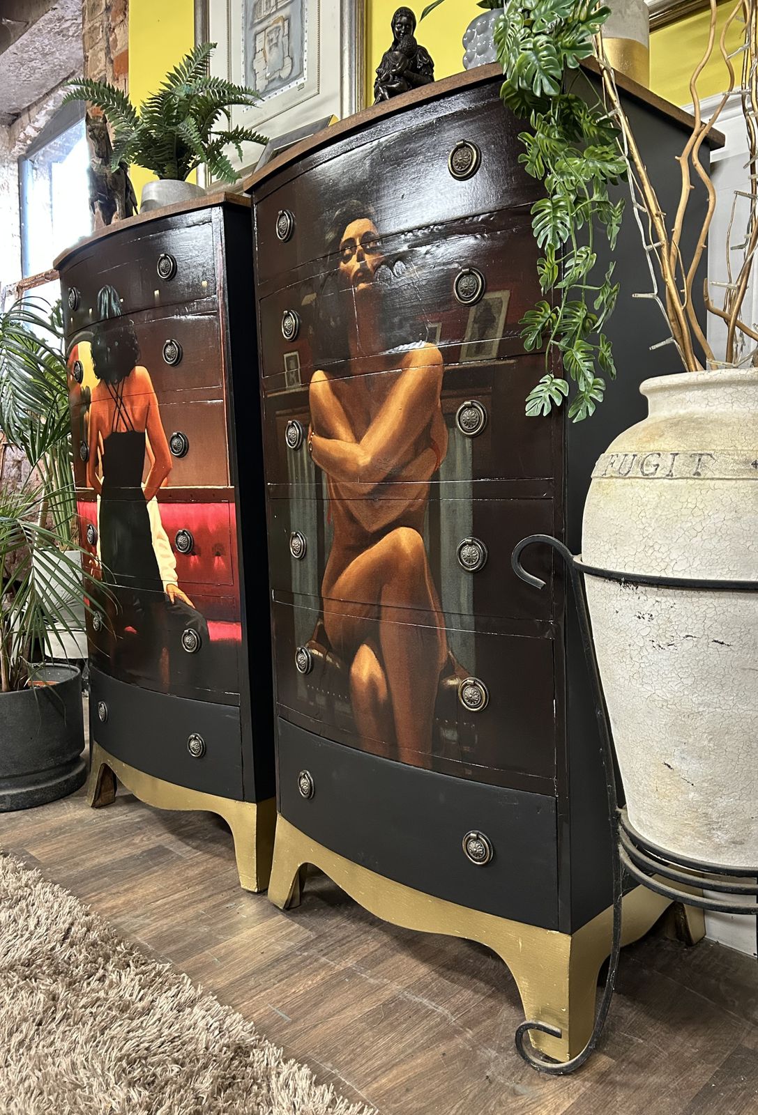 A Striking Pair Of Bow Fronted Chests Of Drawers Adorned With Jack Vettriano Art From His Erotic Collection Celebrating The Power Of The Woman photo 1189.0