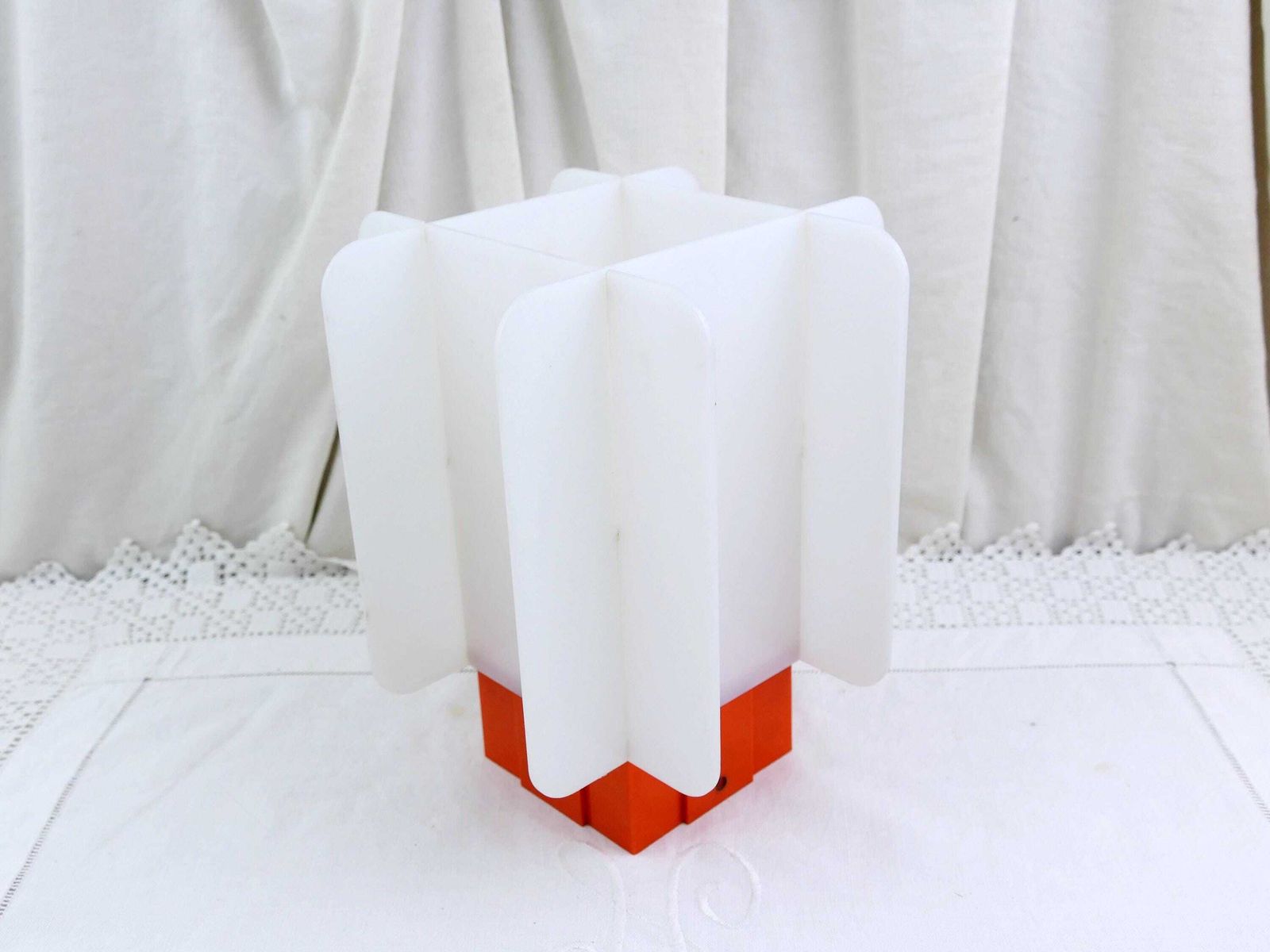 Vintage French Mid Century Bright Orange And White Plexiglass Table Top Of Pendant Light Shade, Retro Acrylic 1960s Lighting Accessory