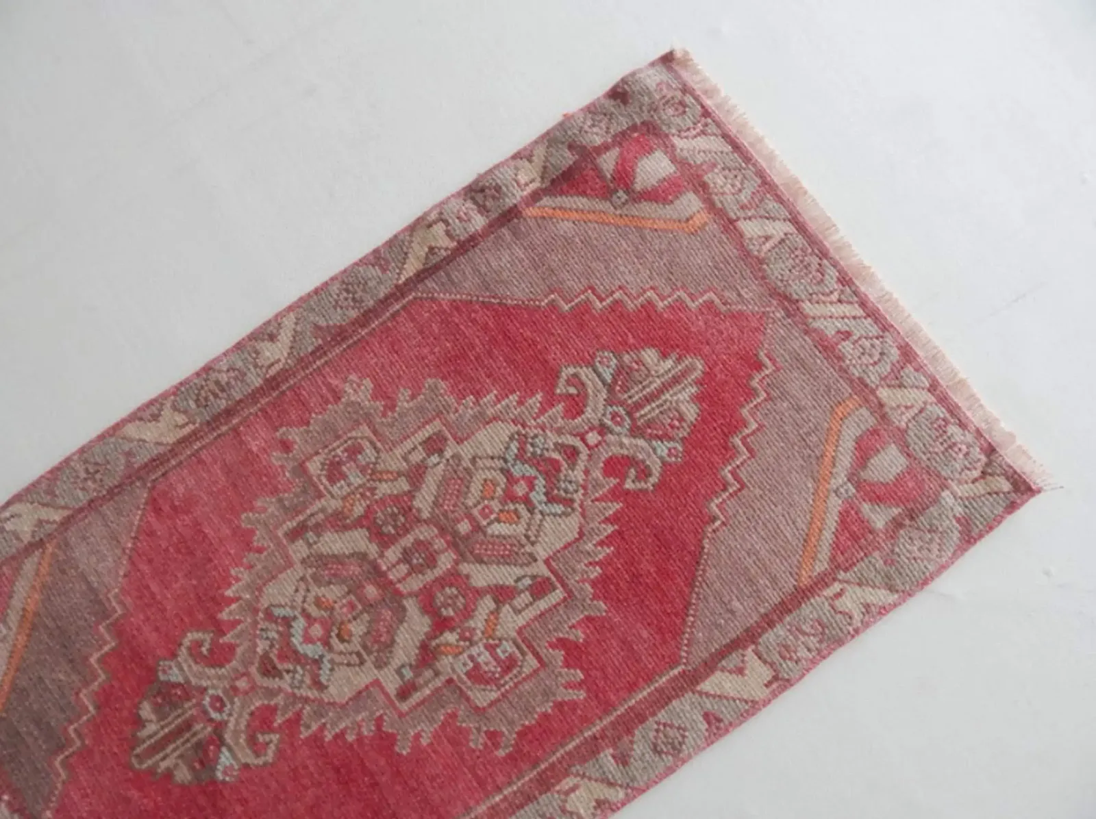 Distressed Low Pile Small Turkish Hand Knotted Yastik Rug 1′10″ × 3′3″ photo Textiles