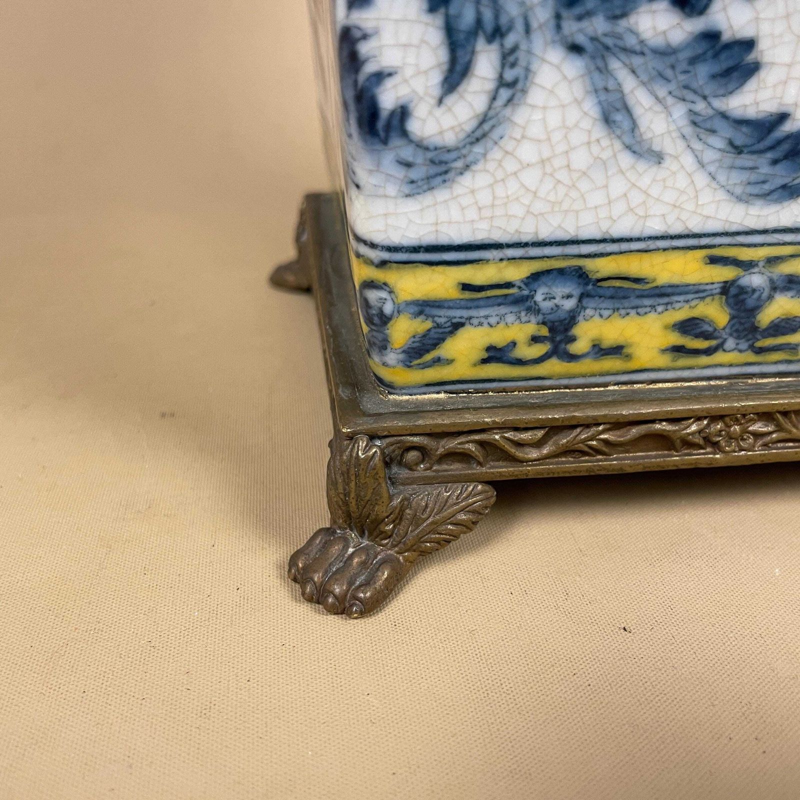 Vintage Ceramic Planter Blue & White Vase With Gold Metal Stand Continental Display Patterned Flared Top Crackle Glaze Flower Yellow photo vintage