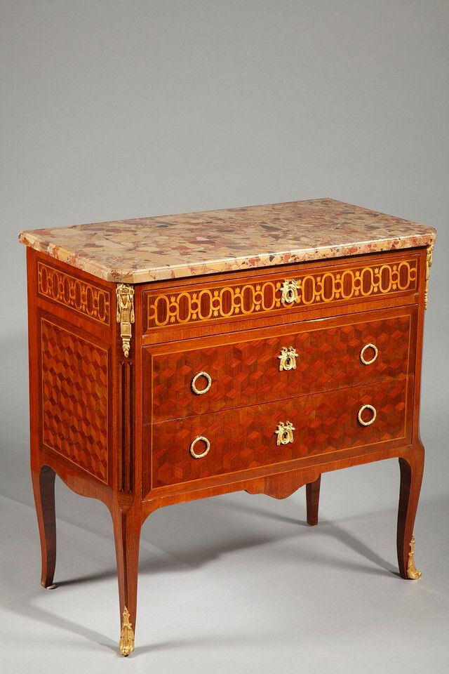 Transitional Style Chest Of Drawers In Marquettery Of Wood And Gilded Bronze photo for sale