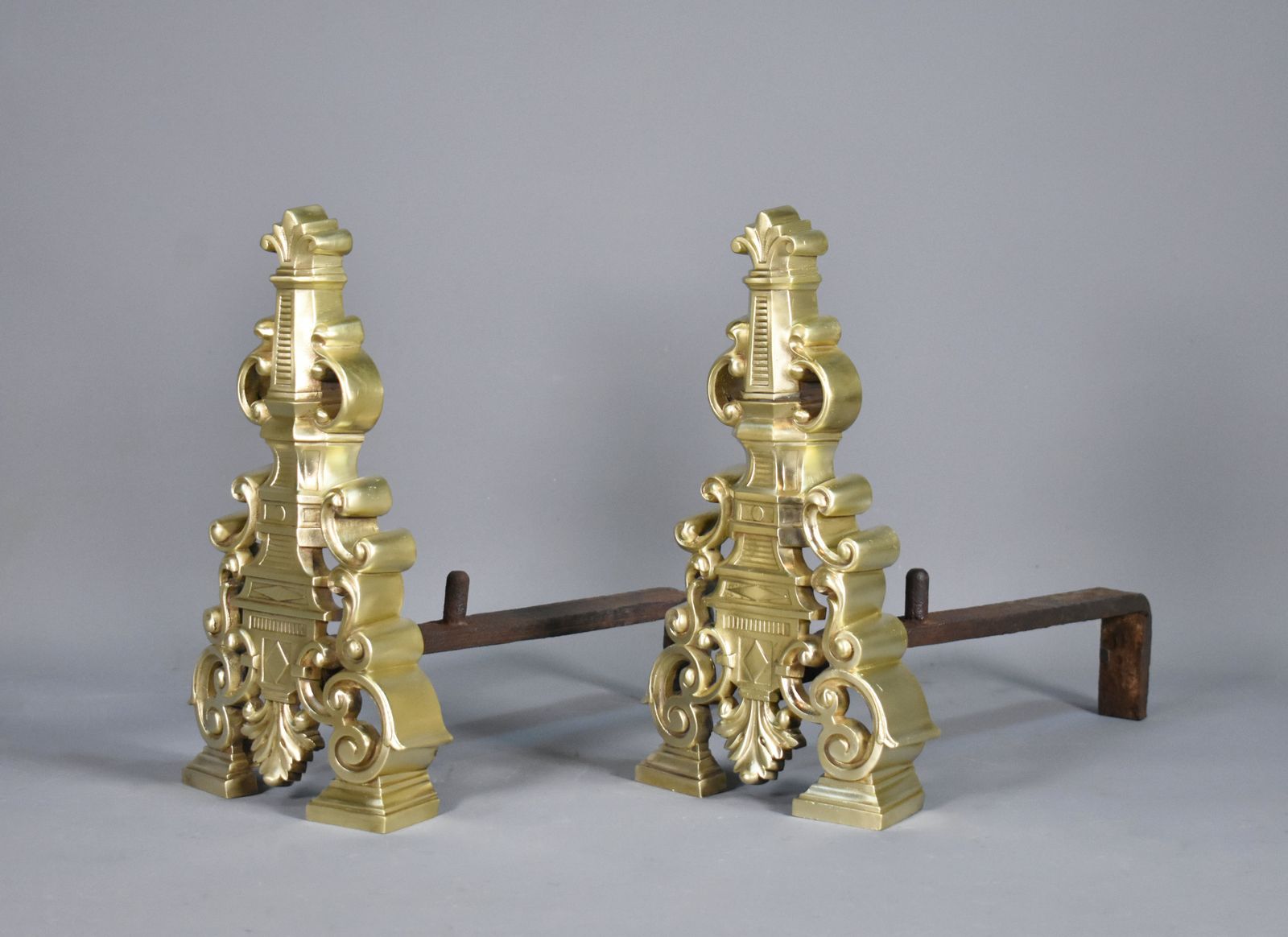 Pair French Antique Brass Fire Dogs / Andirons   Early 20th Century photo Home Fixtures