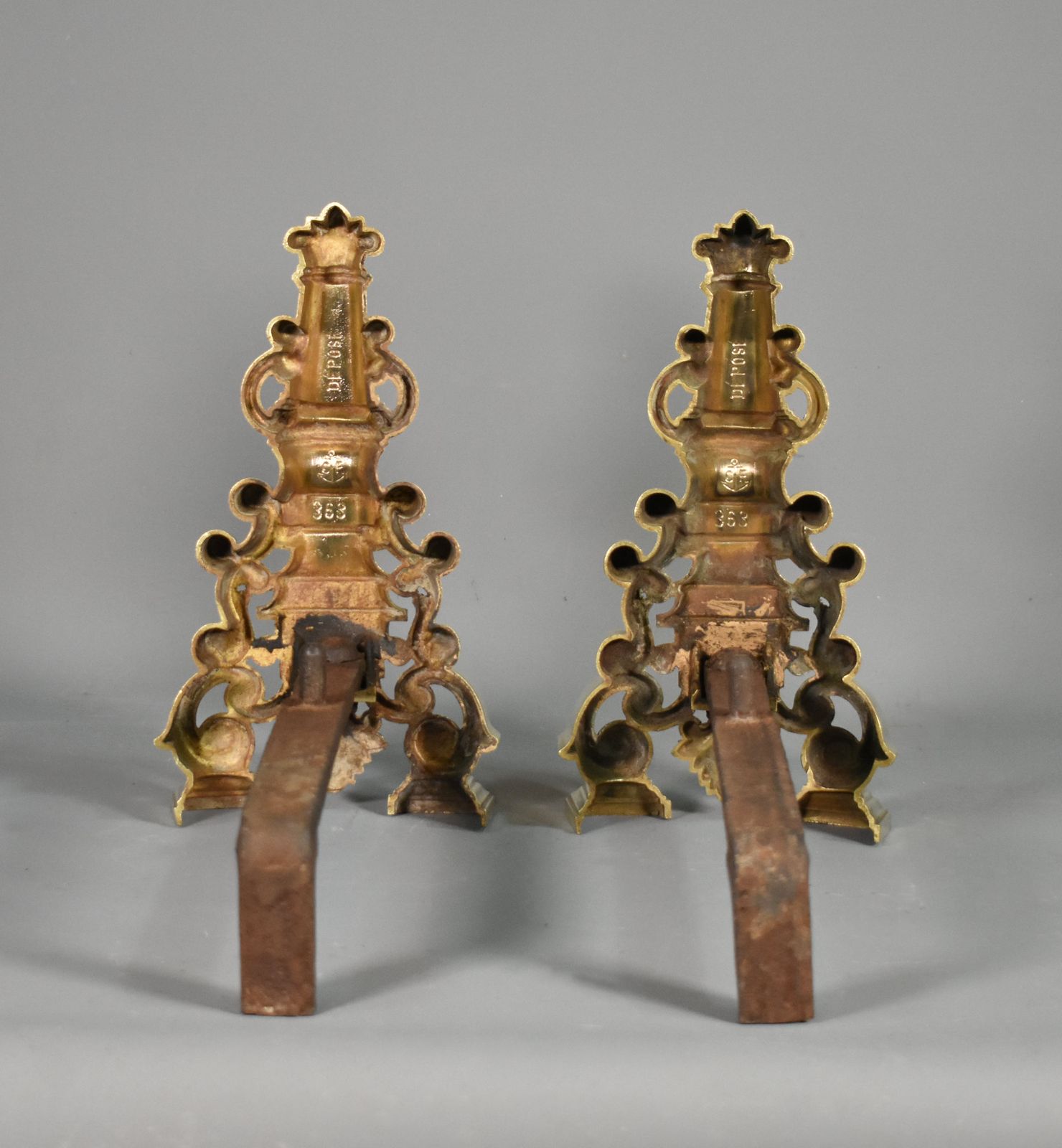 photo vinterior Pair French Antique Brass Fire Dogs / Andirons   Early 20th Century