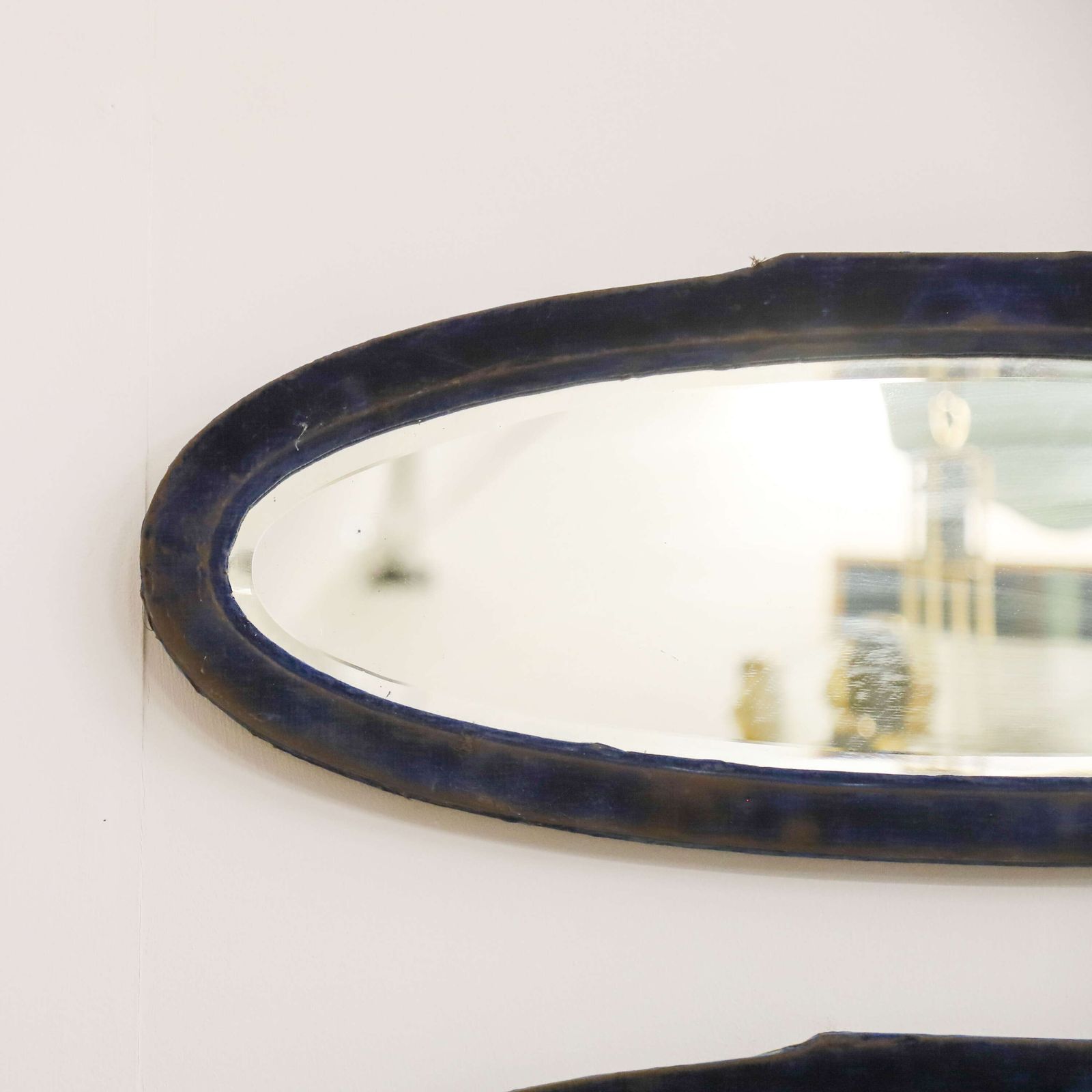Pair Of French Art Deco Oval Mirrors   Original Plates & Distressed Velvet Frames C. 1930 photo vinterior
