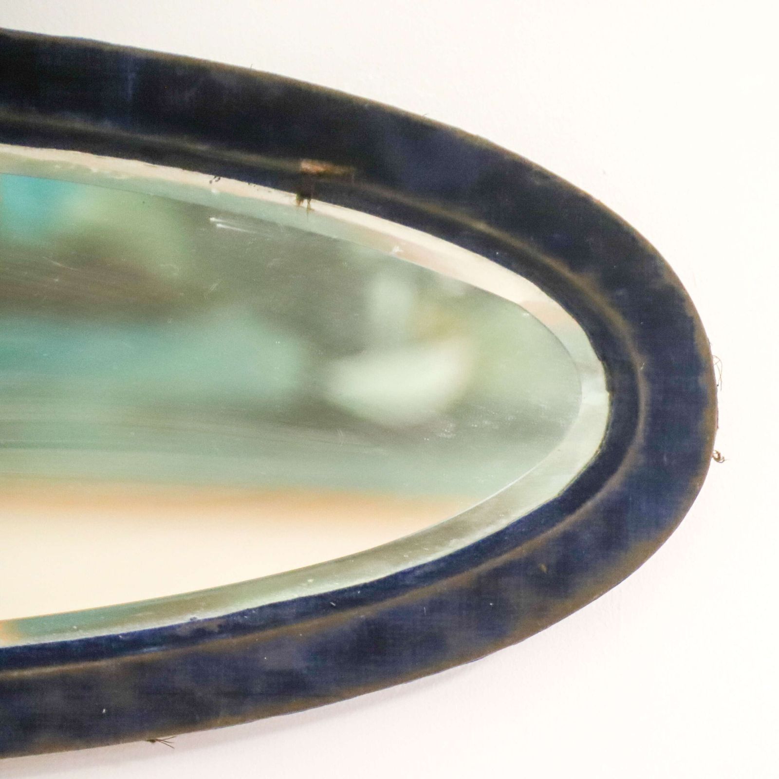 photo for sale Pair Of French Art Deco Oval Mirrors   Original Plates & Distressed Velvet Frames C. 1930