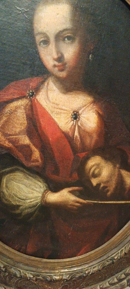Antique Oil Painting On Canvas, Salome Holding The Head Of John The Baptist   18th Century photo 1456.0